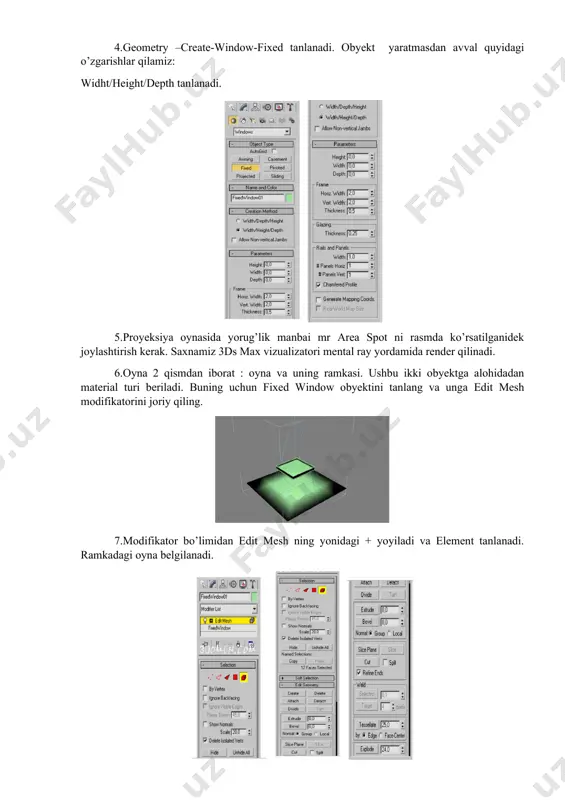 nasida yorug’lik manbai mr area spot ni rasmda ko’rsatilganidek joylashtirish kerak. saxnamiz 3ds max vizualizatori mental ray yordamida render qilinadi. 6.oyna 2 qismdan iborat : oyna va uning ramkasi. ushbu ikki obyektga alohidadan material turi beriladi. buning uchun fixed window obyektini tanlang va unga edit mesh modifikatorini joriy qiling. 7.modifikator bo’limidan edit mesh ning yonidagi + yoyiladi va element tanlanadi. ramkadagi oyna belgilanadi. 8.edit geometry bo’limiga o’tamiz va detach tugmasini bosamiz. paydo bo’lgan oynada yangi obyekt nomi kiritiladi. 9.endi ikki obyekt bilan ishlash imkoniyati paydo bo’ldi:ramka va oyna. oyna uchun material tanlaymiz: material editor ni ochamiz. 10.bo’sh yacheykada standart asosida yangi material yaratamiz va uni steklo obyektiga joriy qilamiz. shader basic parameters-phong tanlanadi. 2-sided tanlanadi. opacity -60. specular level -99. glossiness-86. 11.maps bo’limiga o’tamiz. diffuse color uchun bitmap image file tanlanib, avval yaratib olingan tekstura fayl ko’rsatiladi. map ning ro’yxatidan esa planar from object xyz tanlanadi: 12.yaratilgan materialni saxnada ko’rish …