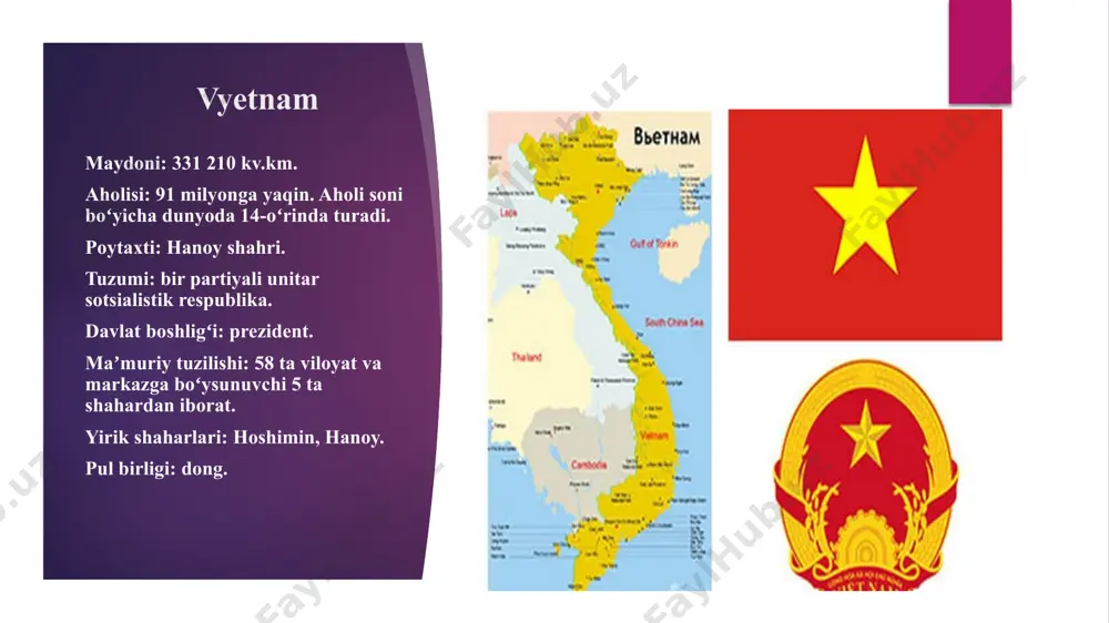tnamning tashqi savdosi mustamlaka xarakterida boʻlib, fransiya, aqsh, yaponiya va gʻarbiy germaniya bilan savdo munosabatlari olib bordi. bozorlari aqsh mollari bilan toʻldirib tashlandi. chetga kauchuk va guruch chiqarib, chetdan asosan sanoat tovarlari keltildi. siyosiy partiyalari „mehnat va insonparvarlik“ partiyasi. bu partiya janubiy vyetnamda mavjud ngo-din-dyem boshchiligidagi reaksion tuzumning tayanchidir; „ozodlikka erishish harakati“ partiyasi liberal guruhlardan lardan iborat. davlat tuzumi prezident davlat va hukumat boshligʻi hisoblanib, u xalq tomonidan 6 yil muddatga saylangan. hukumat aʼzolari prezident tomonidan tayinlangan. qonun chiqaruvchi oliy organ milliy majlisi aholi tomonidan 4 yil muddatga saylangan. vetnam iqtisodiyoti o'sib bormoqda va to'qimachilik va kiyim-kechak eksporti o'z maqsadini oshirdi! yaqinda e'lon qilingan ma'lumotlarga ko'ra, vetnam yalpi ichki mahsuloti (yaim) 2022 yilda 8,02% ga o'sadi. bu o'sish sur'ati nafaqat vyetnamda 1997 yildan beri eng yuqori darajaga yetdi, balki dunyoning 40 ta yetakchi iqtisodlari orasida eng tez o'sish sur'atini ham ko'rsatdi. ko'pgina tahlilchilarning ta'kidlashicha, bu, asosan, kuchli eksport va mahalliy …