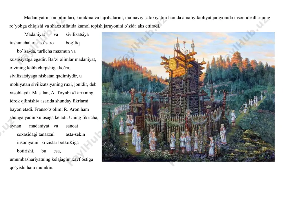 asining hamjixat yashashi, birgalikda va yonma-yon faoliyati natijasida butunjahon madaniyati va sivilizatsiyasi shakllangan. shu bilan birga, muayyan xudud, davlat va mintakalarda ham bir kancha xalqlarning azal-azaldan yonma-yon yashab kelayotganligining guvohimiz. albatta, ular orasida tabiiy ravishda ijtimoiy, iqtisodiy va madaniy aloqalar jarayoni boradi. bu jarayonlar, o`z navbatida, umuminsoniy va baynalmilal madaniy tamoyillar asosida amalga oshadi. madaniyatlarni bir-biriga yaqinlashtiradi, ular o`rtasidagi umumiy jixatlarning kamol topishiga olib keladi. ana shu umumiylik bilan aloxidalik, ya’ni butunjahon madaniyati va biror-bir xalqqa xos bo`lgan madaniyat o`rtasidagi muntazam aloqa ham insoniyat tarixi va taraqqiyoti uchun muxim xisoblanadi. bu soxada umumbashariyatga xos bo`lgan jixatlarni biz madaniyatdagi umuminsoniylik, millatning o`zigagina xos bo`lgan xususiyatlarni esa madaniyatning milliyligi deb ataymiz. aslida esa milliylik va umuminsoniylik bir butun madaniyatning ikki tomoni, bir-birini taqozo etuvchi jixatlardir. madaniyat ana shu ikki jixatning uzviy aloqasi va bir butunligi orqali namoyon bo`ladi. milliylik — madaniyatning joni, uning millat bilan bog`liq yashash usuli, millatning unda namoyon bo`ladigan …