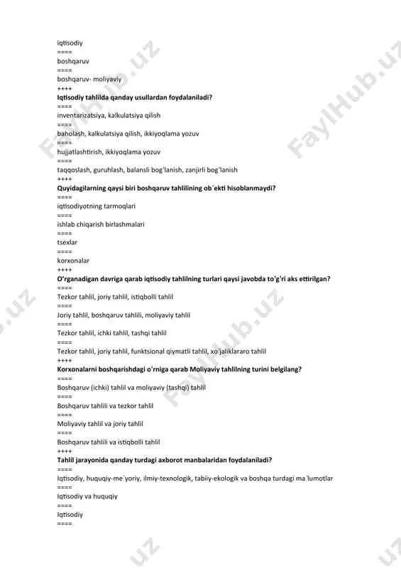 olatnomasi ++++ iqtisodiy tahlil fanining pirovard maqsadi nima? ==== xo‘jalik rezervini topish va ulardan to‘la-to‘kis foydalanish ==== mehnat unumdorligini aniqlash ==== mahsulot tannarxini hisoblash ==== asosiy vositalardan samarali foydalanish ++++ joriy tahlil deb nimani tushunasiz? ==== yig‘ma hisobotlar bo‘yicha o‘tkaziladigan tahlilni ==== kunlik, smenalik va o‘n kunlik bo‘yicha o‘tkaziladigan tahlilni ==== oy, chorak va yil yakuni bo‘yicha o‘tkaziladigan tahlilni ==== korxonalararo taqqoslama tahlilni ++++ tezkor tahlil deb nimani tushunasiz? ==== kunlik, smenalik va o‘n kunlik ish yakuni bo‘yicha o‘tkaziladigan tahlilni ==== milliy iqtisodiyotning tarmoqlari bo‘yicha o‘tkaziladigan tahlilni ==== milliy iqtisodiyot bo‘yicha o‘tkaziladigan tahlilni ==== yillik ish yakuni bo‘yicha o‘tkaziladigan tahlilni ++++ istiqbolli tahlil deb nimani tushunasiz? ==== kelgusi davr uchun o‘tkaziladigan tahlilni ==== oy, chorak va yil yakuni bo‘yicha o‘tkaziladigan tahlilni ==== milliy iqtisodiyotning tarmoqlari bo‘yicha o‘tkaziladigan tahlilni ==== milliy iqtisodiyot bo‘yicha o‘tkaziladigan tahlilni ++++ quyidagilardan qaysi biri taklifning o‘zgaruvchanligiga ta`sir etuvchi omil hisoblanadi? ==== soliqlarning oshishi ==== baho o‘zgarishi …