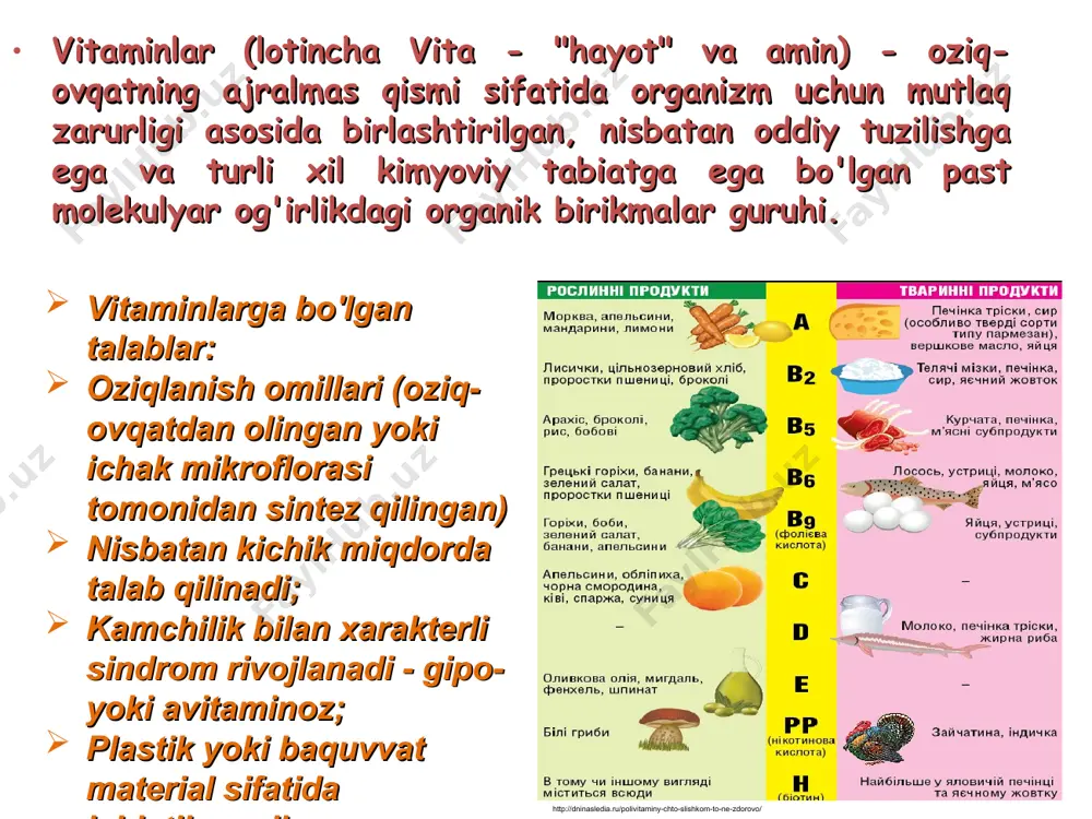 ham kuzatiladi. vitamin a oqsillarning oshqozon-ichak yo‘lidan so‘rilishiga, tashilishiga, alohida fraksiyalarning qondagi miqdoriga va oqsil almashinuvining oxirgi mahsulotlarini chiqarilishiga sezilarli ta’sir qiladi. vitamin a membranalarning zaruriy qismi bo‘lib, ularning turg‘unligini (stabilligini) oshiradi. membranalarda vitamin miqdorining o‘zgarishi (ortishi yoki kamayishi) ularning strukturasi va vazifasini, oqibatda esa hujayralar metabolizmini buzilishiga olib keladi. vitamin a mitoxondriyalardagi biologik oksidlanish va oksidlanishli fosforlanish jarayonlarining fermentlarini faolligini oshiradi. avitamiminoz a vitamin a tanqisligida organizmda vitamin e ham kamayib ketadi yoki aksincha, teskari hol ham kuzatilishi mumkin. bolalar organizmida vitamin a ning yetishmasligi ularning kasallanish ehtimolini oshiradi. shunday bolalarda leykotsitlarning fagositoz va hazm qilish xususiyatining buzilishini vitamin a yetishmaganida ko‘z muguz qabatining qurishi – kseroftalmiya (grek. xerox – quruq, ophtalmos – ko‘z) yosh kanalining berkilib qolishi natijasida vujudga keladi. buning natijasida konyuktivit, shox qabatining yumshashi vujudga keladi vitamin a rodopsin oqsilining tarkibiga 11-sis-retinal shaklida kiradi. ko‘zdagi tayoqchalar qorong‘ilikda ko‘rishni ta’minlaydi, vitamin д (kalsiyferol) eng katta biologik faollikka …