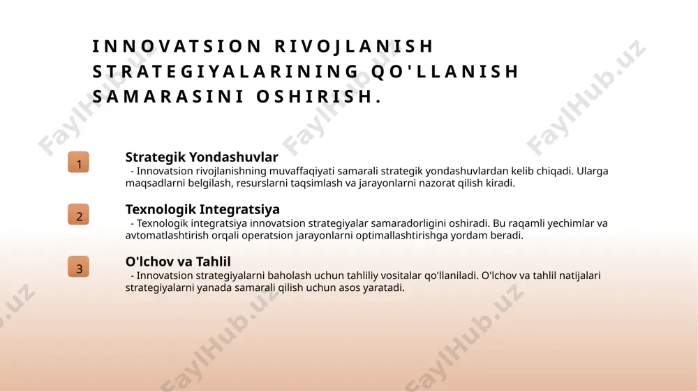 lashtirishni o'z ichiga oladi. bu iqtisodiy o'sish va texnologik taraqqiyotni ta'minlaydi. 3 hamkorlik samarasini oshirish innovatsion metodologiyalarni mahalliy tatbiq qilishda xalqaro hamkorlik zarur. bu resurslardan samarali foydalanish va bilim almashishni kuchaytiradi. o'zbekistonda innovatsion ekotizimlar: hozirgi holat va kelajak. hozirgi holat kelajak rivoji amaliy chora o'zbekistonda innovatsion ekotizimlar hali rivojlanish bosqichida. ko'plab startaplar va texnoparklar tashkil etilgan bo'lsa-da, moliyaviy qo'llab-quvvatlash yetishmaydi. kelajakda o'zbekiston innovatsion ekotizimlarini rivojlantirish uchun xalqaro hamkorlik va texnologik transferlarni kuchaytirish kerak. bu iqtisodiy o'sishni tezlashtiradi. hukumat va xususiy sektor o'rtasida hamkorlikni kuchaytirish, startaplarni moliyalashtirish va ilmiy tadqiqotlarni qo'llab-quvvatlash orqali ekotizimni rivojlantirish lozim. global innovatsion ekotizimlarga integratsiya yo'llari. 1 global aloqalar innovatsion ekotizimlarga integratsiya qilish global aloqalarni mustahkamlashni talab qiladi. bu xalqaro hamkorlik orqali resurslar va tajribani almashishga yordam beradi. 2 texnologiya transferi texnologiya transferi global innovatsion ekotizimlarga kirishning muhim qismi. bu jarayon yangi texnologiyalarni mahalliy bozorga kiritishni tezlashtiradi. 3 mahalliy moslashuv mahalliy moslashuv global innovatsiyalarni o'zlashtirishda muhim rol …