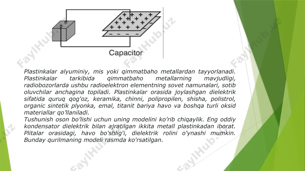 ini ulash uchun; tarmoq kuchlanishidan himoya qilish uchun; yuqori quvvatli impulsli oqim generatorlarida, impulsli kuchlanish davrlarida foydalanish uchun; elektr razryadli payvandlash uchun; kondensator motorlarini ishga tushirish va kerakli faza almashinuvini yaratish uchunqo'shimcha motor o'rashlari; lyuminestsent lampalar asosidagi yoritish moslamalarida; elektr jihozlari va elektr transport vositalari tomonidan hosil boʻladigan radio shovqinlarni bostirish uchun. xulosa qilib aytadigan bo'lsak, deylik, kondensatorlar ko'lami shunchalik kengki, u hayotimizning barcha sohalarini qamrab oladi, bu qurilmalar qayerda ishlatilmasin, bunday yo'nalish yo'q. aslini olganda, kondansatörler elektronikada ko'p qirrali rol o'ynaydi, kontaktlarning zanglashiga olib samarali ishlashiga yordam beradi, kiruvchi signallarni filtrlaydi, energiyani saqlaydi va elektr tizimlarining barqarorligi va himoyasini ta'minlaydi. ularning ko'p qirrali tabiati va qo'llash doirasi ularni zamonaviy texnologiyalarda ajralmas qiladi. foydalanilgan adabiyotlar. 1. https://elteam.uz/blog/detail/kondensatorni-tuzilishi/ 2. https://uz.havethebestelectronics.com/17185935-purpose-and-application-of-capacitors 3. aburahmonov k.p. fizika darslik. 88-bet. toshkent 2010yil. image1.jpg image2.png image3.png image4.png image5.png image6.png image7.png /docprops/thumbnail.jpeg