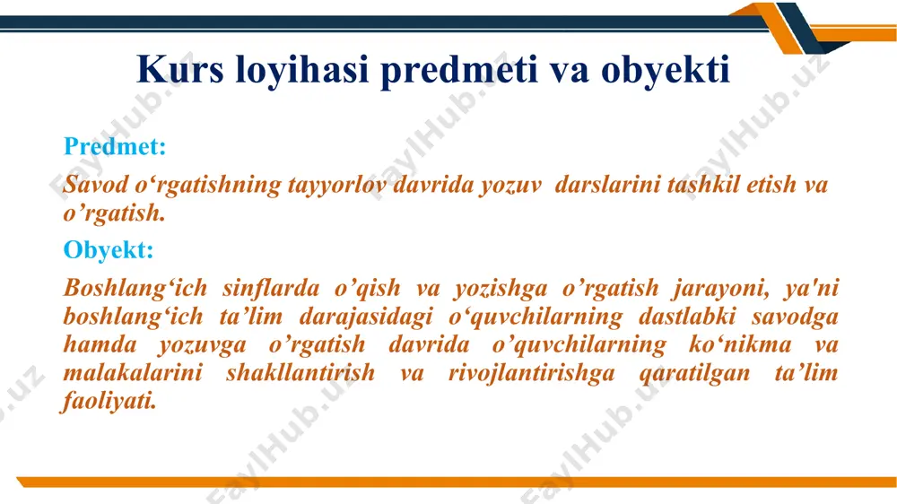 tadagi maxsus joyda saqlash. o‘qituvchi stolida lozim bo‘lgan paytda foydalanish uchun ruchka, sterjenlar bo‘lishi lozimligi. yozuv daftari. o‘qituvchi yozish vaqtida 65 gradus qiyalikda yozishni, buning uchun daftar parta ustiga 25 gradus qiyalikda qo‘yilishini ta'kidlab turishi lozim. ii-bob. 2.1 yozuvga o’rgatishning tashkiliy va gigienik shartlari. yozuv materiali bo‘lgan daftarni yuritishga quyidagi talablar qo‘yiladi: 1. daftarga toza va aniq yozish. 2. daftar muqovasidagi yozuvlar yagona talab asosida yozilishi, yonda daftar qaysi fan uchun tutilganligi, nechanchi sinf, maktabning nomi va nomeri, o‘quvchining ismi va sharifi ko‘rsatib o‘tilishi zarur. 3. 1-sinf o‘quvchilarining daftarlari muqovasi o‘qituvchi tomonidan yoziladi. 4. har bir daftarda hoshiya bo‘lishi shart. 5. 2-sinfdan boshlab mashq tartib raqami, qayerda bajarilganligi (sinfda yoki uyda) yozib qo‘yiladi. 6. harf yoki bo‘g‘in hamda so‘zlarning tagiga ehtiyotkorlik bilan chiroydi va tekis chiziladi. 7. xato yozilgan harf yoki harfiy birikmalarni namuna sifatida daftar hoshiyasiga yozib ko‘rsatiladi. 8. noto‘g‘ri yozilgan harflarni bo‘yash, o‘chirish yoki qavs ichiga olib qo‘yishga …