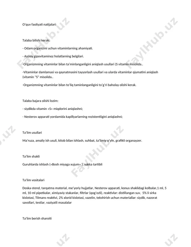 5 ml, 10 ml pipetkalar, ximiyaviy stakanlar, filtrlar (qog‘ozli), reaktivlar: distillangan suv, 5% li sirka kislotasi, tilmans reaktivi, 2% xlorid kislotasi, vazelin, tekshirish uchun materiallar: siydik, nazorat savollari, testlar, vaziyatli masalalar ta’lim berish sharoiti maxsus jihozlangan, guruhli shakllarda ishlashga mo‘ljallangan xonalar monitoring va baholash og‘zaki so‘rov: tezkor-so‘rov, yozma so‘rov: test amaliy mashg‘ulotning texnologik haritasi mashg‘ulotning bosqichlari, davomiyligi ta’lim beruvchining faoliyati ta’lim oluvchining faoliyati 1 bosqich mashg‘ulotning kirish qismi 10 daqiqa 1.1.o‘qituvchining kirish so‘zida mavzuning nomi, maqsadi va kutilayotgan o‘quv natijalari bilan tanishtiradi. 1.2. amaliy mashg‘ulotni o‘tqazish xususiyati, baholash mezonlarini e’lon qiladi. 1.3.amaliy mashg‘ulotni muhokama qiladi, talabalarni boshlang‘ich bilimlarini yangi pedagogik texnologiyalar yordamida baholaydi. (bosh miyaga xujum). 1.4. muhokamani yakunlaydi. tinglaydilar, yozib oladilar, aniqlik kiritadilar, savollar beradilar, savollarga javob beradilar. 2 bosqich asosiy qismi 60 daqiqa 2.1. talabalarga peshobda vitamin s ning mg/soatlik ekskretsiyasini tekshirishda va teri rezistentligini aniqlashda qo‘llaniladigan asboblar, laborator anjomlar va reaktivlar bo‘yicha ko‘rsatmalar beradi, tushuntiradi. 2.2. hisoblash …