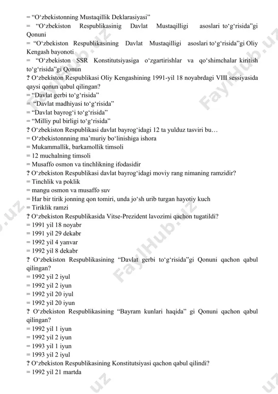 ublikasida vitse-prezident lavozimi qachon tugatildi? = 1991 yil 18 noyabr = 1991 yil 29 dekabr = 1992 yil 4 yanvar = 1992 yil 8 dekabr ? o‘zbekiston respublikasining “davlat gerbi to‘g‘risida”gi qonuni qachon qabul qilingan? = 1992 yil 2 iyul = 1992 yil 2 iyun = 1992 yil 20 iyul = 1992 yil 20 iyun ? o‘zbekiston respublikasining “bayram kunlari haqida” gi qonuni qachon qabul qilingan? = 1992 yil 1 iyun = 1992 yil 2 iyun = 1993 yil 1 iyun = 1993 yil 2 iyul ? o‘zbekiston respublikasining konstitutsiyasi qachon qabul qilindi? = 1992 yil 21 martda = 1992 yil 9 mayda = 1992 yil 31 avgustda = 1992 yil 8 dekabrda ? “o‘zbekiston respublikasi davlat madhiyasi to‘g‘risida”gi qonun qachon qabul qilingan? = 1991 yil 8 dekabr = 1991 yil 10 dekabr = 1992 yil 20 iyul = 1992 yil 10 dekabr ? o‘zbekiston respublikasining birinchi prezidenti i.a.karimov qachon …