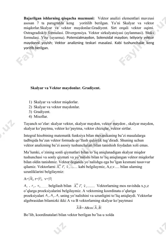 bo’la oladi. agar m nuqtaning xolatini biror ixtiyoriy tanlangan oxyz koordinatalar sistemasiga nisbatan uning koordinatalari aniqlansa, u holda u skalyar miqdorning maydoni oddiy sonly funksiya (x,y,z) ning berilishi bilan tengkuchli. biz har doim bu funksiya barcha o’zgaruvchilari bo’yicha uzluksiz xususiy xosilalarga ega deb hisoblaymiz. agar bu xosilalar bir vaqtda nolga tengbo’lsa, u holda tenglama biror sitrni (maxsus nuqtasiz) aniqlaydi, bu satr bo’ylab u miqdor o’zgarmas qiymatni saqlaydi; bunday sirt sath sirt deb ataladi. qaralayotgan barcha soxa bunday sirtlar bilan to’la bo’lib, uning har bir nuqtasida bitta va faqat bitta sath sirti o’tadi .satrlari o’zaro kesishmaydi. vektor maydonga misol qilib nur maydonini yoki tezliklar maydonini ko’rsatish mumkin; bunga o’xshash maydonlar bilan tanishganmiz. agar biror oxyz koordinatalar sistemasiga asoslangan holda vektor miqdorlar maydonini berish uchun uning koordinata o’qlaridagi (3) proeksiyalarini miqdor bilan bog’langan m nuqta koordinatalarining funksiyasi sifatida berishni amalga oshirish mumkin. va bu funksiyalarni uzluksiz xosilalarga ega deb qaraymiz. vektor maydonni …