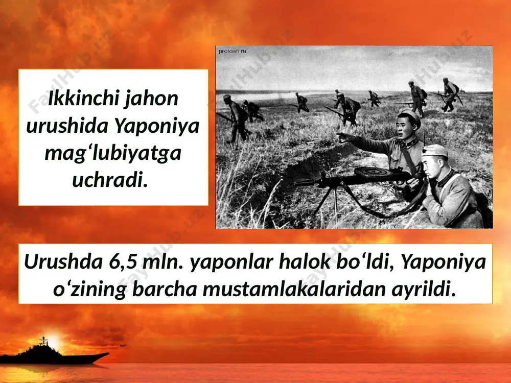 ng yuksak sur’atlarini ta’minlashga erishdi. juda kambag‘al bo‘lgan janubiy koreyada 1970-yillardan og‘ir sanoat, avvalo, metallurgiya, mashinasozlik, kimyo sanoati rivojlantirildi. 1990-yillarga kelib janubiy koreya iqtisodiy rivojlangan industrial davlat sifatida shakllandi va postindustrial taraqqiyot elementlariga ega bo‘lib, jahon iqtisodiyotida muhim o‘rin egalladi. koreya respublikasi. tayland, malayziya, indoneziya, filippin yaponiya modeli asosida kapitalistik taraqqiyot yo‘lidan rivojlanayotgan va bunda yuqori natijalarga erishayotgan ikkinchi to‘lqin davlatlari hisoblanadi. savol va topshiriqlar 1. urushdan keyingi yaponiyaning ahvoliga umumiy ta’rif bering. 2. yaponiyada demokratik jarayonlarni boshlagan amerikaliklar o‘z oldilariga qanday maqsadlarni qo‘ygan edi? 3. yaponiya iqtisodini isloh qilishda d. makkartur boshchiligidagi amerika ma’murlari qanday rol o‘ynadi? 4. yaponiya «iqtisodiy mo‘jizasi»ning asosiy omillari nimalardan iborat edi? 5. 1970-yillarda yaponiya iqtisodi duch kelgan muammolar nimalardan iborat edi? image2.jpeg image3.jpeg image4.jpeg image5.jpeg image6.jpeg image7.jpeg image8.jpeg image9.jpeg image10.jpeg image11.jpeg image12.jpeg image13.jpeg image14.jpeg image15.jpeg image16.jpg image1.jpeg