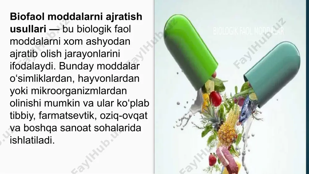 boshqa erituvchilardagi biofaol moddalarni ajratish uchun poralari kichik bo'lgan membranalar ishlatiladi. bu jarayon ko'pincha polipeptidlar yoki o'zgartirilgan shakldagi oqsillarni ajratishda foydalidir. nanofiltratsiya: bu usul ultrafiltratsiyaga o'xshash bo'lib, yanada kichik molekulalarni ajratishga imkon beradi. 4. kristallanish biofaol moddalar, masalan, alkaloidlar yoki vitaminlar, kristallanish jarayoni orqali tozalash mumkin. bu usulda, eritilgan modda sovutiladi va kristallar hosil bo'ladi, bu esa yuqori tozalikni ta'minlaydi. 5. destilatsiya suvli distillatsiya yoki bug'li distillatsiya yordamida o'simliklar yoki boshqa manbalardan efir moylarini ajratish mumkin. bu usul ko'pincha o'simliklardan efir moylarini ajratishda, masalan, lavanda yoki yalpiz moyi ishlab chiqarishda qo'llaniladi. 6. biologik usullar fermentatsiya: ba'zi biofaol moddalar mikroorganizmlar yordamida ishlab chiqariladi, masalan, antibiotiklar yoki probiotiklar. bu jarayonda mikroorganizmlar biologik faol moddalarni hosil qiladi, va ular keyinchalik ajratilib tozalanadi. biotransformatsiya: bu usulda mikroblar yoki fermentlar yordamida tabiiy birikmalarni o'zgartirish va yangi biofaol moddalarga aylantirish mumkin. 7. makromolekulyar ajratish agar biofaol modda makromolekulyar bo'lsa (masalan, oqsillar, polimerlar), u holda ularni ajratish …