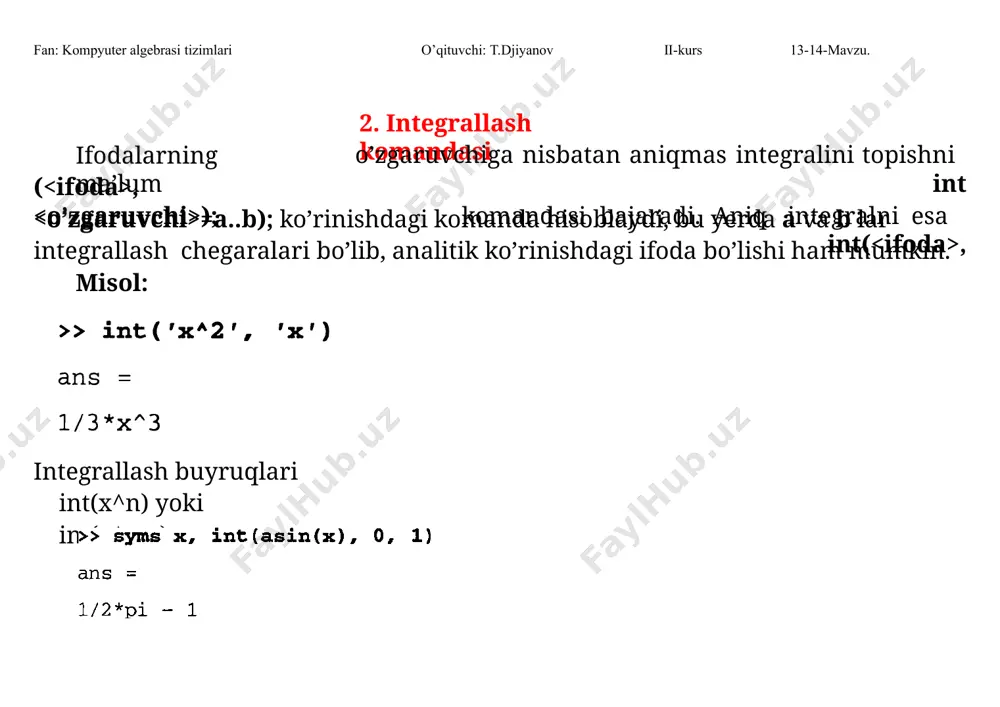 )=x+cos(y/ 5 ) funktsiyaga asosan, eyler qoidasi bilan quyidagi yi+1=yi+ h f(xi;yi), i=1,2,...,10 formulaga asosan berilgan differentsial tenglama yechimining qiymatlarini quyidagicha topamiz. y1=y0+hf (x0, y0)=y0+h (x0+cos(y0/ 5 ))= fan: kompyuter algebrasi tizimlari o’qituvchi: t.djiyanov ii-kurs 13-14-mavzu. =2.6+ 0.1(1.8+cos(26/ 5 ))=2.6+0.1(18+0.3968)=2.81968 y2=y1+h f (x1,y1)=y1+h(x1+cos(y1/ 5 ))= =2.819+ 0.1(1.9+cos(9.819/ 5 ))=2.819+0.1(1.9+0.3968)=3.03948 shuningdek, quyidagilarni topamiz: y3=3.261, y4=3.4831, y5=3.7045, y6=3.926 y7=4.1478, y8=4.3701, y9=4.5931, y10=4.8173 bu usul yordamida hisoblash quyidagicha dastur asosida berilgan. maple 7 dasturi 9.1-masalani eyler usulida yechish. > dsol1 := diff(y(x),x) = cos(y(x)/sqrt(5)) + x; > init1 := y(1.8)=2.6; > digits := 20: ans2:=dsolve({dsol1,init1},numeric,method= classical[heunform], output=array([1.9,2.0,2.1,2.2]), stepsize=0.001); d dx 0 1 5 dsol1 := y ( x ) = cos y ( x ) 5 1 c x init1 := y ( 1.8 ) = 2.6 fan: kompyuter algebrasi tizimlari o’qituvchi: t.djiyanov ii-kurs 13-14-mavzu.   [2.1 3.2619000478]  3.0408294458]  [2.0 2.8201058808]  [x, y(x)] [1.9 ans2 :  runge – …
