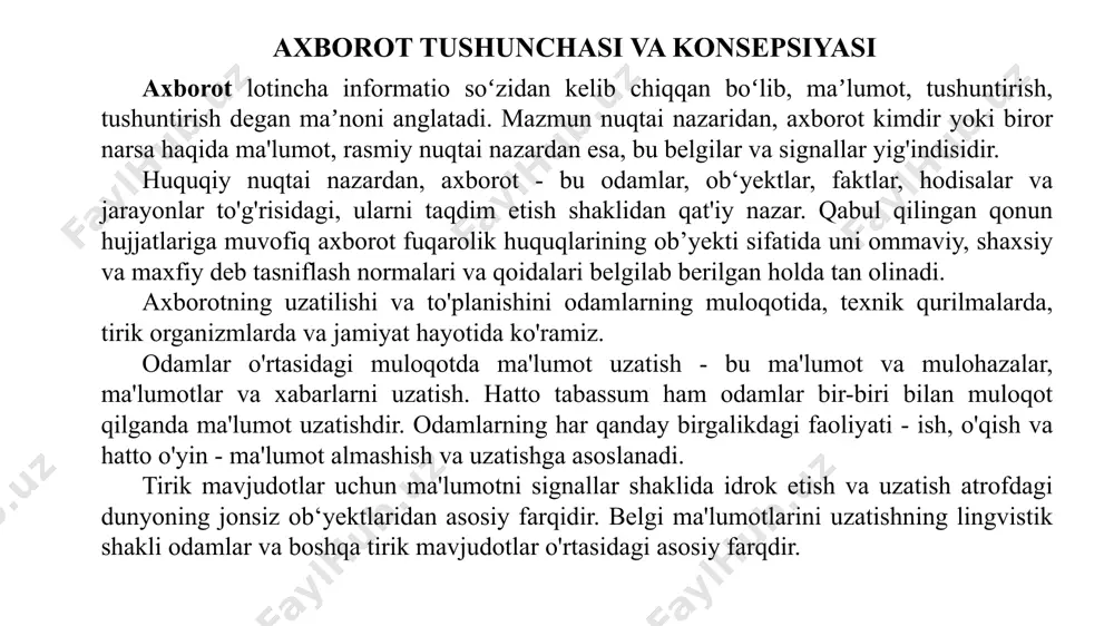 samarali axborot birlamchi va oraliq axborotni qayta ishlash jarayonida olinadi va boshqaruv qarorlarini qabul qilish uchun ishlatiladi. axborotning klassifikatsiyasi 3. mulohaza yuritish yo‘li bilan. u matn va grafiklarga bo'linadi. matnli axborot - bu jismoniy tashuvchida (qog'oz, monitor ekranidagi tasvir) axborotni ifodalovchi alifbo, raqamli va maxsus belgilar to'plamidir. grafik axborot - bu har xil turdagi grafikalar, diagrammalar, diagrammalar, chizmalar va boshqalar. 4. barqarorlik uchun. axborot o'zgaruvchan (joriy) va doimiy (shartli doimiy) bo'lishi mumkin. o'zgaruvchan ma'lumotlar korxonaning ishlab chiqarish-xo'jalik faoliyatining haqiqiy miqdoriy va sifat xususiyatlarini aks ettiradi. har bir holat uchun ham maqsad, ham miqdor jihatidan farq qilishi mumkin. masalan, bir smenada ishlab chiqarilgan mahsulot soni, xom ashyoni etkazib berish uchun haftalik xarajatlar, xizmat ko'rsatadigan mashinalar soni va boshqalar. doimiy (shartli doimiy) axborot - bu doimiy va uzoq vaqt davomida qayta foydalanish mumkin bo'lgan ma'lumotlar. 5. boshqarish funktsiyalariga ko'ra, iqtisodiy axborot odatda tasniflanadi. rejalashtirilgan ma'lumotlar - kelgusi davr uchun boshqaruv ob'yektining parametrlari …