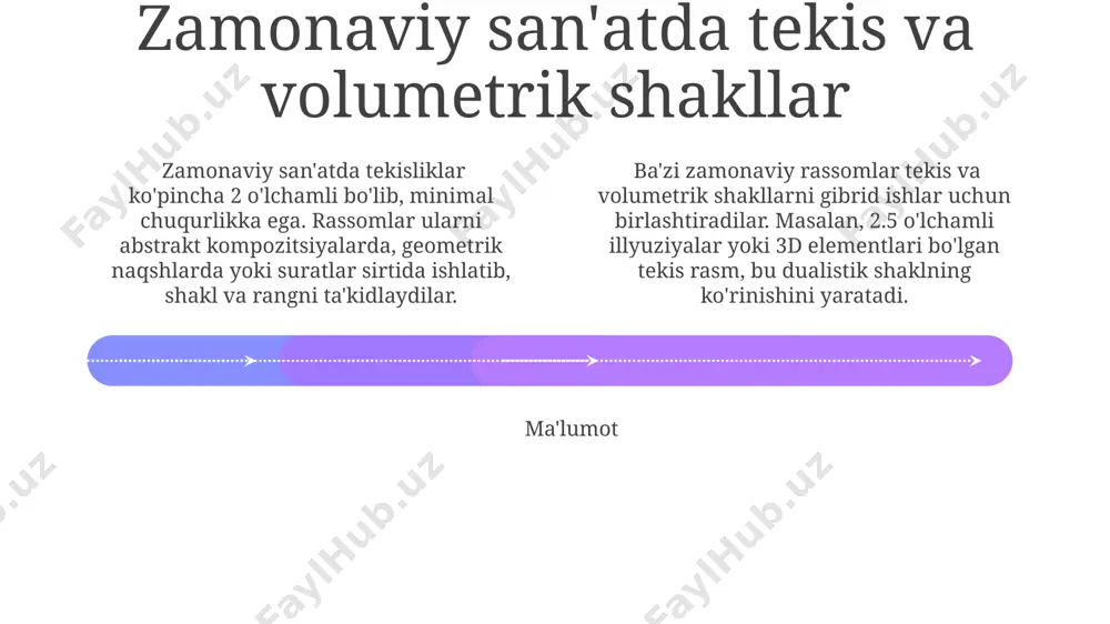 llarning qo'llanilishi tekis shakllar, masalan, to'rtburchaklar, doiralar 2d grafikada, interfeys elementlarini yaratishda keng qo'llaniladi. veb-dizaynda tugmalar, logotiplar va fonlar kabi vizual elementlar tekis shakllardan foydalanadi. tekis shakllarning qo'llanilishi sales 1st qtr 2nd qtr 100 0 sales 1st qtr 2nd qtr 100 0 sales 1st qtr 2nd qtr 100 0 volumetrik shakllarga misollar ma'lumot piramida misol bo'ladi, uning kamida 3 ta uchburchak yon yuzasi va bitta ko'pburchak asosiga ega, bunday piramidalar turli xil asoslar bilan, masalan, to'rtburchak yoki oltiburchak bilan mavjud. sfera keng tarqalgan volumetrik shakl bo'lib, uning barcha nuqtalari markazdan bir xil masofada joylashgan. shuningdek, konus, 1 ta doira asosiga va uchburchak yon sirtga ega, volumetrik shakl hisoblanadi. perspektiva va chuqurlik illyuziyasi perspektiva haqida ma'lumot atmosfera perspektivasi havo va yorug'likning ta'sirini hisobga oladi; masofadagi ob'ektlar rangsizroq, xiralashgan va kamroq aniq bo'lib ko'rinadi, bu chuqurlikni aks ettiradi. atmosfera perspektivasi havo va yorug'likning ta'sirini hisobga oladi; masofadagi ob'ektlar rangsizroq, xiralashgan va kamroq …