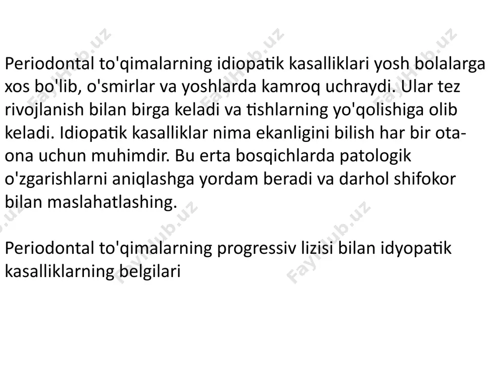 ishi qonda laboratoriya tekshiruvini o'tkazishda leykotsitopeniyani, eozinofil granulotsitlar va monotsitlarning ko'payishini va neytrofil granulotsitlar sonining kamayishini aniqlash mumkin. rentgenogrammani o'tkazishda molarlar va tishlar joylashgan joylarda diffuz kengayish va suyak rezorbsiyasi kuzatiladi. differensial diagnostika vaqtida biopsiya namunasini tekshirganda, strukturaviy o'zgarishlarni aniqlab bo'lmaydi. bu yumshoq to'qimalarning infiltratsiyasi, gialin sklerozi va kollagen tolalarining siqilishi bilan tavsiflanadi. idiopatik periodontal kasalliklar, davolash usullari terapevtik taktikalar patologiyaning bosqichiga qarab har bir bemor uchun alohida belgilanadi. idiopatik periodontal kasallik aniqlansa, davolash asosan simptomatikdir. bemorlarga buyuriladi: yiringli cho'ntaklarni qirib tashlash va ularni sanitariya qilish o'zgartirilgan to'qimalarni olib tashlash, agar kerak bo'lsa, depulpatsiya to'qimalarning yangilanishini tezlashtiradigan va davolanishga zarar etkazadigan dorilar bunga parallel ravishda, idiopatik periodontal kasalliklar uchun davolash og'iz bo'shlig'ining birgalikdagi patologiyalarini yo'q qilishni o'z ichiga oladi. umuman olganda, prognoz noqulay. kasallikning tez rivojlanishi bilan tiklanish faqat jarrohlik aralashuvi orqali amalga oshirilishi mumkin. patologik jarohatlar va barcha tishlar olib tashlanadi, keyin esa protezlanadi. idiopatik periodontal kasallikka shubha bo'lsa, …