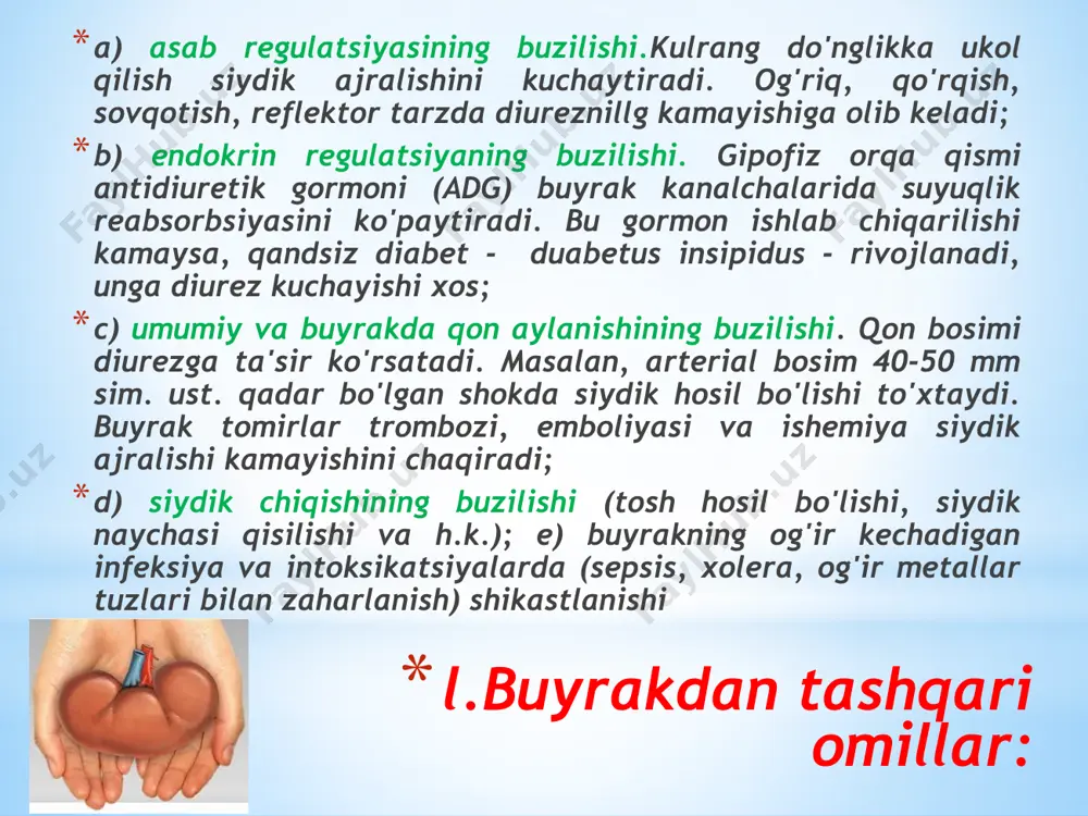 pincha sovuq ob-havoda (kuz va qish) va ayniqsa, sovuq nam iqlimda tez rivojlanadi. shamollash buyrakning qon bilan ta'minlanishi va trofikasining reflektor buzilishi orqali organizm reaktivligi va immunologik reaksiyalar kechishini o'zgartirishi mumkin. shuning uchun ham u ilgari sensibilizatsiyalangan organizmda hal qiluvchi omil rolini o'ynashi mumkin. glomerulonefritning infeksion etiologiyasidan tashqari uning zardob va vaksin tabiatli bo'lishi ham nazarda tutiladi. klinik nuqtai nazaridan dg proteinuriya, gematuriya, shish, arterial gipertenziya, buyrak funksiyasining buzilishi bilan namoyon bo'ladi. pielonefrit ( 3,5 g/kun), shish (ko'pincha anasarka darajasiga yetadigan kuchli shish), gipoproteinemiya (qonda umumiy oqsil 7,8 mmol/l), giperlipoproteidemiya, gipertriglitseridemiya. ko'pincha silindruriya aniqlanadi, bundasiydikning nisbiy zichligi yuqori bo'ladi. gipoproteinemiya va gipoalbuminemiya asosan qon oqsillarining siydik bilan yo'qotilishi natijasida hosil bo'ladi. nefrotik shish patogenezi qon zardobi onkotik bosimining pasayishi (gipoalbuminemiya hisobiga) va organizmda natriy ushlanishiga olib keluvchi ikkilamchi giperaldosteronizm va adg gipersekretsiyasi bilan bog'liq. shish sindromining og' ir-yengilligini ifodalovchi gipoalbuminemiyaning namoyon bo'lish darajasi ko'pincha nafaqat albuminning siydik bilan yo'qotilishiga, shu …