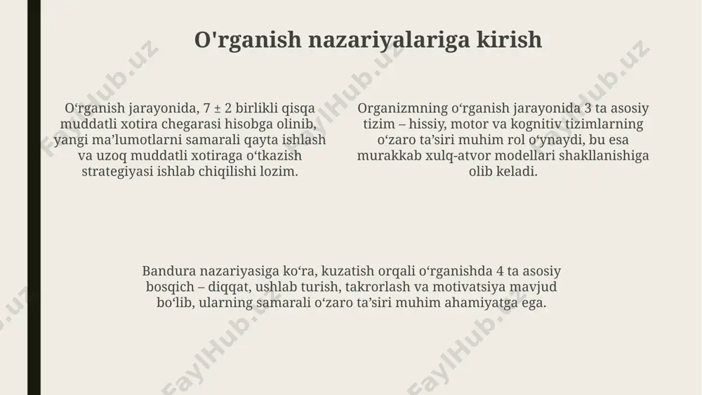 'rtasidagi bog'lanishni o'rnatishni o'z ichiga oladi. kognitiv o'rganish, ma'lumotni qayta ishlash va muammolarni yechish jarayonlarini, shu jumladan, xotira, e'tibor va idrokni 3 bosqichda o'z ichiga oladi. banduraning ijtimoiy o'rganish nazariyasi ijtimoiy-kognitiv o'rganish nazariyasi shaxsning o'z-o'zini samaradorligi, ya'ni o'z qobiliyatlariga bo'lgan ishonchi muhim rol o'ynaydiganligini ta'kidlaydi; yuqori o'z-o'zini samaradorlikka ega bo'lganlar murakkabroq vazifalarni ham bajarishga moyil bo'lishadi. banduraning ijtimoiy o'rganish nazariyasi kuzatish orqali o'rganishning 4 bosqichini ta'kidlaydi: diqqat, ushlab turish, takrorlash va motivatsiya, bu jarayonlarning har biri o'rganish samaradorligiga ta'sir qiladi. bandura nazariyasida modelning obro'si va kuzatuvchining shaxsiy xususiyatlari, masalan, yoshi va jinsi kabi omillar, kuzatish orqali o'rganish jarayoniga sezilarli darajada ta'sir ko'rsatishi aniqlangan. kognitiv omillar kognitiv omillarning 3 ta asosiy turi – ishlov berish, esda saqlash va qabul qilish jarayonlarini o'z ichiga oladi, bularning har biri ta'lim samaradorligiga 20-30% ta'sir ko'rsatadi. tadqiqotlar ko'rsatishicha, kognitiv omillarning 70%ga yaqini genetik omillar bilan, qolgan 30% esa muhit omillari bilan bog'liq bo'lib, bu ta'lim …