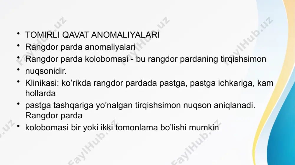 ing biomikroskopiyasi, ko’z olmasining bir o’lchovli yoki ikki o’lchovli tasviri bilan ultratovush tekshiruvi o’tkaziladi. ko’z tubidagi boshqa anomaliyalarni yoki o’zgarishlarni aniqlash uchun oftalmoskopiya amalga oshiriladi. davolash: kosmetik kontakt linzalarni taqish, refraktsiya anomaliyalarini korrektsiya qilish.va ko’z olmasining tashqi tekshiruvi amalga oshiriladi. polikoriya polikoriya - bu tug’ma anomaliya bo’lib, unda har bir rangdor pardada 2-3 ta qorachiq teshiklari mavjud bo’ladi (9.3-rasm). chin va soxta polikoriya, ya’ni bir nechta qorachiqning shakllanishi kam uchraydi. chin polikoriya, bir nechta qorachig’ yorug’likka javob bersa, bu ko’z bokallari chekkalari rivojlanishining buzilishidan kelib chiqadi. soxta polikoriya, bu qorachig’ni embrional qorachig’ membranasining qoldiqlari bilan qisman va notekis yopilishi bilan yuzaga keladi. klinikasi: 2-3 ta qorachig’ teshiklari mavjud bo’lib, yorug’likdan qo’rqish, ko’rish o’tkirligining pasayishi kuzatiladi. davolash: ba’zan plastik jarrohlik amaliyoti o’tkaziladi polikoriya korektopiya korektopiya – qorachig’ning siljishi. klinikasi: odatda qorachig’ning ikki tomonlama, nosimmetrik siljishi aniqlanadi (9.4-rasm). ko’rishning keskin pasayishi, ambliopiya va g’ilaylik rivojlanishi mumkin. diagnostikasi: tashxis keng qamrovli oftalmologik tekshiruv …