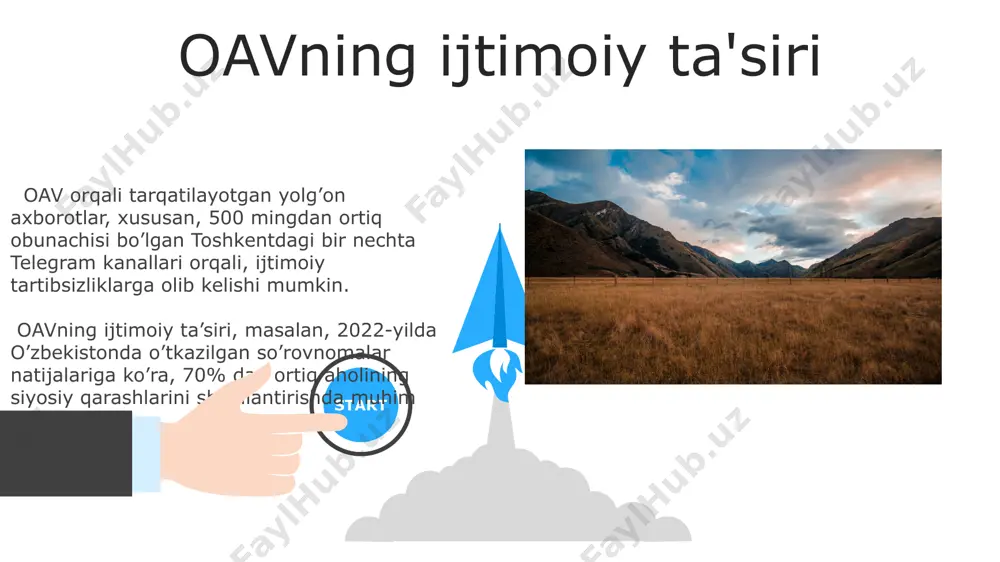 va madaniyat samarqand va buxoro kabi tarixiy shaharlardagi mahalliy oavlar, oʻziga xos an’analar va urf-odatlarni saqlashga yordam beradi, lekin zamonaviy texnologiyalar va globalizatsiyaning ta’siridan ham holi emas. oav orqali tarqatilayotgan 3000 dan ziyod filmlar, qoʻshiqlar va boshqa madaniy mahsulotlar toshkent kabi yirik shaharlarda yoshlar orasida mashhur boʻlib, ularning qarashlarini shakllantirishga ta’sir qiladi. 06 05 04 oav va ommaviy fikr 01 02 oavlar, masalan, 2023-yilgi prezidentlik saylovlarida o‘zbekistonning 12 ta viloyatida 50% dan ortiq aholining fikriga ta'sir ko‘rsatganligi haqida ma'lumotlar mavjud. markaziy osiyo mamlakatlarida, shu jumladan qirg‘iziston va qozog‘istonda, oavning jamoatchilik fikriga ta'siri 30% dan 60% gacha o‘zgarib turadi. internet va ijtimoiy tarmoqlarning ta'siri facebook, instagram каби ижтимоий тармоқлардаги реклама ва тарғибот кампаниялари 2021 йилда ақшдаги сайловларда 30 млн. доллардан ортиқ маблағ сарфланган, бу электоратга кучли таъсир кўрсатди. интернет ва ижтимоий тармоқлар орқали 2023 йилда ўзбекистонда 5 миллиондан ортиқ фойдаланувчи сиёсий маълумотларни истеъмол қилган, бу эса жамоатчилик фикрига жиддий таъсир кўрсатди. …