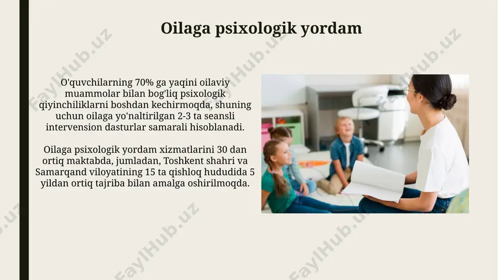 бу уларнинг ахлоқий тамойилларга риоя этилишини кучайтиради. психологик ёрдам кўрсатишда махфийлик принципи муҳим аҳамиятга эга бўлиб, бу ўзбекистон республикасининг “шахснинг шахсий ҳаёти дахлсизлиги тўғрисида”ги қонуни (1992 йил) ва жаҳон соғлиқни сақлаш ташкилотининг (жсст) 20 тадан ортиқ тавсияларида акс этган. inklyuziv ta'limda psixologning roli psixologning roli, inklyuziv ta’limda kamida 3 xil diagnostika usullaridan (psixologik testlar, kuzatish, suhbat) foydalanib, o‘quvchilarning o‘qishga tayyorgarlik darajasi va psixologik xususiyatlarini aniqlashni o‘z ichiga oladi. inklyuziv ta'lim muhitida psixolog 15-25 nafar o‘quvchining individual ehtiyojlarini aniqlash va ularga mos psixologik-pedagogik yordam ko‘rsatishda faol ishtirok etadi, masalan, samarqanddagi maktablarda. psixokorreksiya va psixoterapiya psixokorreksiya va psixoterapiya yondashuvlari 5-10 yoshli bolalar uchun samarqanddagi maktablarda 30% ga yaqin samaradorlik ko'rsatkichiga ega bo'lib, ijtimoiy moslashuv muammolarini hal qilishga qaratilgan. farg'ona viloyatida 2022-yilda psixoterapiya xizmatlaridan 1500 dan ortiq o'quvchi foydalanib, ularning 70%i o'z-o'zini hurmat qilish darajasining oshganligini bildirishgan. pedagoglarga psixologik-metodik yordam psixologik-metodik yordam doirasida 2023-yilda farg'ona shahridagi maktablarda 70 nafar pedagogga stress menejmenti va …