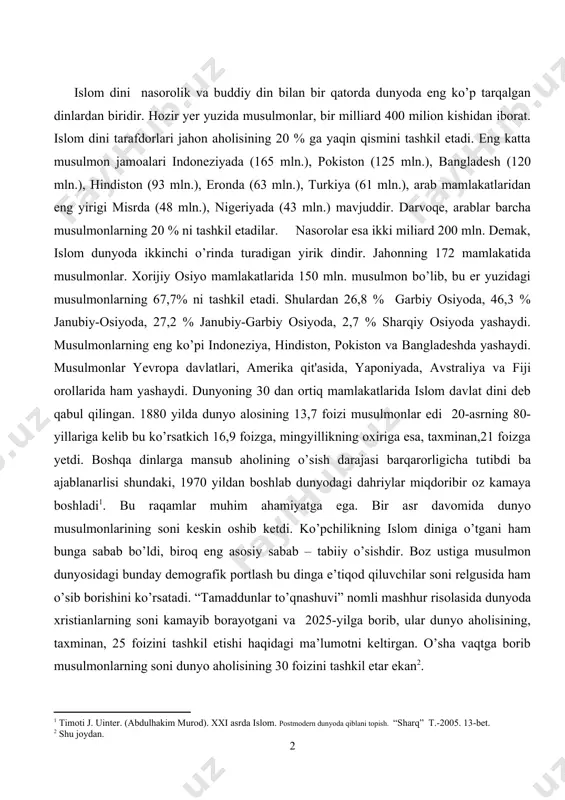 addunlar to’qnashuvi” nomli mashhur risolasida dunyoda xristianlarning soni kamayib borayotgani va 2025-yilga borib, ular dunyo aholisining, taxminan, 25 foizini tashkil etishi haqidagi ma’lumotni keltirgan. o’sha vaqtga borib musulmonlarning soni dunyo aholisining 30 foizini tashkil etar ekan . shu o’rinda hantington tilga olgan yana bir misolga e’tibor qilaylik. mag’ribda 1965 yildan 1990 yilgacha aholi soni 29,8 milliondan 59 millionga o’sgan. o’sha vaqt mobaynida misr aholisi 29,4 milliondan 54,4 millionga ko’paygan. o’rta osiyoda 1970 – 1993 yillar oralig’ida aholining yillik o’sishi tojikistonda 2,9 foiz, o’zbekistonda 2,6 foiz, turkmanistonda 2,5 foiz va qirg’izistonda 1,9 foiz bo’lgan. xx asrning 70-yillarida sovet ittifoqida demografik muvozanat keskin o’zgarib ketdi, yani ruslarning o’sishi 6,5 foiz, musulmonlarniki esa 24 foiz bo’lgan. hatto rossiyaning o’zida ham musulmonlar (tatarlar, boshqirdlar, chuvashlar shuningdek,o’rta osiyo va kavkazdan borib u yerda yashovchilar) ancha ko’zga tashlanib qolgan, ular moskva va sankt-peterburg aholisining 10 foizini tashkil etadi. bu hol bizga musulmonlar ko’pchilikni tashkil qiladigan joylarda …