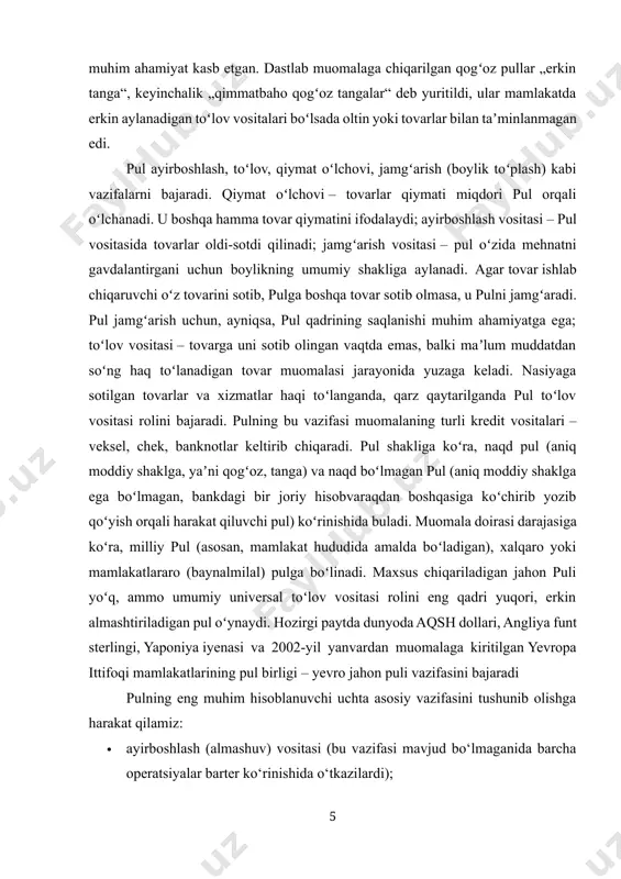 anmagan; · virtual pul va kriptovalyutalar – hozirgi kunda paydo bo‘lib, shakllanib borayotgan ushbu bosqich, pul doim ham bir shakl va ko‘rinishda bo‘lmasligini ko‘rsatadi va bu jarayon aynan siz va bizning ko‘z o‘ngimizda yuz berayotganligi e’tiborlidir. qog‘oz pullar bu – ichki qiymatga ega bo‘lmagan har qanday pul birligi (valyuta). u faqatgina hukumatning bosib chiqaralayotgan (qog‘oz) pul birligi qonuniy to‘lov vositasi ekani haqidagi hujjat/bayonoti bilan ta’minlangan bo‘ladi va uning (pulning) qiymati ushbu hukumatga bo‘lgan ishonchga asoslanadi. pul birligining qadri yo‘qolmasligi uchun hukumat uni qalbakilashtirilishidan himoya qilishi va bosib chiqarilgan pul hajmini nazorat qilishi va mas’uliyat bilan boshqarishi lozim. qog‘oz pullar bosib chiqarish bo‘yicha nazorat, hamda qisman zahira to‘plash bilan bog‘liq bank amaliyotlari asosan ushbu vakolatga ega bo‘lgan markaziy banklar tomonidan amalga oshiriladi. har qanday iqtisodiyotdagi pullarning katta qismi banklar tomonidan bank omonatlari ko‘rinishida yaratilishini o‘qib hayron qolsangiz kerak. gap shundaki, banklar har safar kredit berganida yangi pullar hosil bo‘ladi. 2014 yilning …