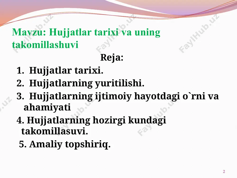 rak edi. 1995 yil 21-dekabrda qonuning yangi tahririda o’zgartirish va qo’shimchalar kiritildi. mustaqikdan so’ng o’zbekiston vazirlar mahkamasining 1994-yil 18- avgustda 424-son qarori qabul qilindi.qaror hujjatchilikni shakllantirish va rivojlantirish yo`lida muhim qadam bo`ldi. 6 hujjatlar tuzish,ijro etish uslubi ustida ish olib borish,davlat bo`yicha yagona nusxalarini ishlab chiqish shu kunning dolzarb vazifasiga kiradi.bu ishlarning sust borishida hujjatlarni tuzish yo`llari, shakli,tili, uslubini o`rganuvchi va belgilab beruvchi ilmiy markazning yo`qligi deb hisoblash mumkin. 7 hozirgi kunda ish yuritishning “yuragi”kompyuter bo`lib qolmoqda.asosiy hujjatlar kompyuterda yoziladi.elektron pochta,faks orqali uzatiladi. 8 amaliy topshiriq: “hujjat” so`ziga sinkveyn tuzing. 1. bir so`z ot - 2.ikkita sifat - 3.uchta fe`l - 9 diqqat va e`tiboringiz uchun katta rahmat! slayd va taqdimotni tayyorladi: g`ulomova fotimaxon ahrorjon qizi. 10 image2.jpeg image3.png image4.jpeg image5.jpeg /docprops/thumbnail.jpeg