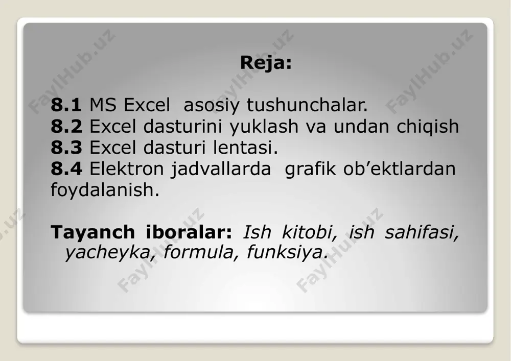 ning boshqa dasturlardan asosiy farqli tomoni, unda formulalar satri deb atalgan satrning mavjuddir. bu satr uch qismdan iborat bo’lib, birinchisi shu satrning chap tomonidagi kichkina qismi ismlar maydoni, o’ng tomonidagi katta qismi formulalar maydoni va o’rtdagi qismi esa formulalar ustasini ishga tushiruvchi fx belgi tasvirili tugmadan tashkil topgan. ismlar maydonida jadval ko’rsatkichi joylashgan katakning manzili yoki nomi ifodalanadi. bu yerda manzil deganda shu katakning ustun va satr nomlari orqali ifodalanishi tushiniladi. nom deganda foydalanuvchi tomonidan biror katak yoki kataklar guruxiga, manzilni ifodalamaydigan ixtiyoriy ism qo’yilishiga aytiladi. son – ishorali yoki ishorasiz butun xamda xaqiqiy sonlar. xaqiqiy sonlar o’nli kasr ko’rinishida kiritilib butun va kasr qismlari orasiga “,” (vergul) belgisi qo’yiladi. ba’zan xaqiqiy sonlar juda katta yoki juda kichik, ya’ni nolga yaqin bo’lishi mumkin, bunday xollarda ularni normallashgan (eksponentsial) xolda tasvirlanadi. masalan: butun sonlar – 0; 1266; -2008; +129 xaqiqiy sonlar – 0,09; -1,205; +255,1; normallashgan xol – 1 000 000 …