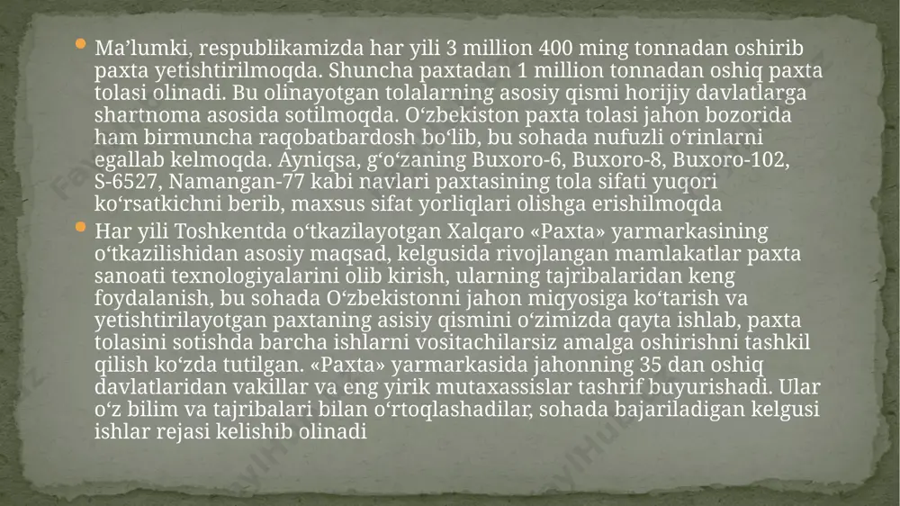 taning qiymati pasayadi, va uning sifati yomonlashadi, yigirish va to‘qish jarayonlarida ko‘proq uziladi, natijada mashinalarning ish unumi pasayadi. paxtadagi asosiy xas – cho‘plar va nuqsonlar quyidagilar iflosliklar – maydalangan barglar, chanoqlar, g‘o‘za shoxlari va h.k. bular tolalarga yopishgan holda bo‘lib, ularni yo‘qotish ancha qiyin hisoblanadi tolali o‘lik – paxta tozalashda paydo bo‘lgan uzuq tolalar, maydalangan xas-cho‘plar va yetilib pishmagan, tolalari turlicha paxmaygan chigitlardan iborat aralashma. kasallangan va zararlangan tolalar - g‘o‘za o‘simligi kasallangan bo‘lsa (biologik nuqson) va paxtani paxta zavodida hamda ip yigiruv fabrikalarida ishlashda (mexanikaviy nuqson) hosil bo‘lishi mumkin. maydalangan chigit (chigit bo‘lakchalari – paxtani dastlabki ishlashda hosil bo‘ladi. ular yanada maydalanib, tolalar yopishgan po‘stchalarga aylanishi mumkin. bunday nuqson yigiruv fabrikalari uchun eng zararli nuqson bo‘lib, yigirilgan ipda ham uchrashi mumkin tolalar yopishgan po‘stchalar - zararli nuqsonlardan hisoblanib, paxtani dastlabki ishlashda chigitlarning maydalanishi natijasida, titish va savash mashinalarida hosil bo‘ladi. bular tolaga mahkam yopishib oladi va ularni ajratish ancha …