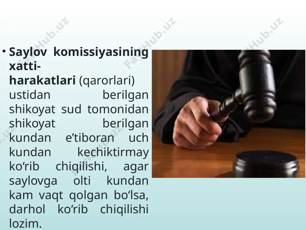 ha ajrim chiqariladi. sudning ishda ishtirok etuvchi shaxslarning arizalari va iltimosnomalarini qanoatlantirish to‘g‘risidagi yoki qanoatlantirishni rad etish haqidagi xulosalari ishni ko‘rish natijalari bo‘yicha chiqarilgan sud hujjatida bayon qilinishi mumkin. e’tiboringiz uchun raxmat image1.jpeg image2.png image3.jpeg image4.jpeg image5.jpeg image6.jpeg image7.jpeg image8.png image9.png /docprops/thumbnail.jpeg