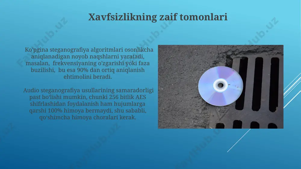 g'liq. shovqin ta'siri va uning bartaraf etilishi shovqinni bartaraf etish uchun, masalan, 20 db dan yuqori shovqin darajasi bo'lgan audio fayllarni oldindan filtrlash yoki ecc (error correction code) kodlaridan foydalanish kerak. adaptive wavelet transformatsiyasi kabi ilg'or algoritmlar shovqinni samarali ravishda kamaytirishi va o'rtacha 5-10% gacha ma'lumotlarning buzilishini oldini olishi mumkin. ovozli suv belgilarini qo'shish ovozli faylda 10 kbit/s dan kamroq ma'lumot hajmini yashirish, detektsiya ehtimolini pasaytiradi, lekin audio sifatiga minimal ta'sir ko'rsatadi. ovozli suv belgilarini qo'shishda, odatda, 20-30 db atrofida signal-shovqin nisbati (snr) maqbul deb hisoblanadi, aks holda audio sifatiga sezilarli ta'sir ko'rsatishi mumkin. zamonaviy yashirin aloqa texnologiyalari ko'p kanalli audio fayllar (5.1 yoki 7.1) yashirin ma'lumotlarni joylashtirish uchun qo'shimcha kanallardan samarali foydalanish imkoniyatini taqdim etib, aniqlanish ehtimolini pasaytiradi. zamonaviy yashirin aloqa texnologiyalari, masalan, steganografiya, audio fayllarga 256 bitgacha kalit uzunliklaridan foydalanib, yuqori darajadagi shifrlash algoritmlari bilan birlashtirilgan holda ma'lumotlarni yashirish imkonini beradi. ma'lumotlarni shifrlash usullari aes-256 kabi simmetrik kalitli …