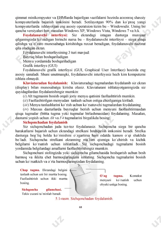 super kompyuter va ehmlardan tortib to sizning soatingiz yoki qurilmangizdagi eng kichik mikroprotsessorlargacha ishlash tizimidan foydalaniladi. yillar o'tgan sari turli xildagi operatsion tizimlar rivojlandi va ularning ko'pchiligi hozirda ham foydalanilmoqda. shaxsiy kompyuterlar ishlab chiqaruvchi ibm (international business machiness- “xalqaro biznes mashinalari”) mikrokompyuterlar uchun standartlar belgilaganda dos (disk operating system) keng foydalaniladigan mikrokompyuter operatsion tizimiga aylandi. bugungi kunda dos windows, unix, windows nt va os/2 kabi ancha kuchli otlar tomonidan ko'p kompyuterlarda o'rniga almashtirildi. bu kuchli operatsion tizimlar oldin qimmat minikompyuter va ehmlarda bajarilgan vazifalarni hozirda arzonroq shaxsiy kompyuterlarda bajarish imkonini beradi. sotilayotgan 90% dan ko'proq yangi kompyuterlarda ishlayotgan eng asosiy operatsion tizim bu - windowsdir. uning bir qancha versiyalari bor, masalan windows xp, windows vista, windows 7 va h.k. foydalanuvchi interfeysi: siz ekrandagi istagan dasturga murojaat qilganingizda ko'radigan birinchi narsa bu - foydalanuvchi interfeysi - sizga aloqa qilishga va o'zaro munosabatga kirishishga ruxsat beradigan, foydalanuvchi nazorat qila oladigan ekran. foydalanuvchi …