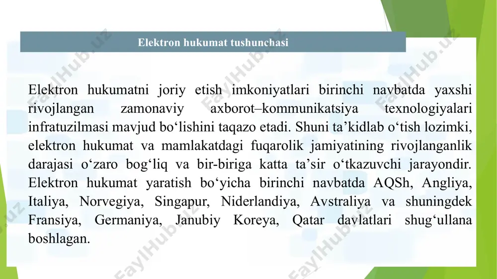 elektron hukumat tushunchasi “elektron hukumat to‘g‘risida”gi qonunning qabul qilinishi bilan mamlakatimizda “elektron hukumat” tizimini joriy etish va rivojlantirishning huquqiy asoslari yaratildi, aholi hamda tadbirkorlik sub’ektlari uchun davlat xizmatlari sifati va ulardan foydalanish qulayliklari oshdi, fuqarolarga uyi yoki ishxonasidan turib, elektron shaklda murojaat qilish, ma’lumotnoma hamda boshqa hujjatlarni olish yoki tadbirkorlik faoliyatini tashkil etish imkoniyatini beradigan interaktiv xizmatlar ko‘rsatilishini ta’minlandi. elektron hukumat vazifalari elektron hukumat klassifikatsiyasi www.egovernment.uz davlat va fuqaro o‘zaro bog‘langan faoliyati rejim 24/7/365; qiziqishlarni qo‘llab quvvatlovchi tizim; iqtisod davlat va biznes o‘zaro bog‘langan faoliyati o‘zarokelishilgan shartlar; autsorsing davlat boshqaruvining turli tarmoqlarinng o‘zaro bog‘langan faoliyati akt bilan ishlashda xodimlarni motivatsiya qilish davlat va davlat xzmatchilari o‘zaro bog‘langan faoliyati xodimlar malakasini oshirish g2c government to citizen g2b government to business g2g government to government g2e government to employees * davlat biznesga xizmatlari (g2b) biznesni boshlash litsenziyalar va ruxsatnomalarni ro'yxatdan o'tkazish soliq va statistik hisobotlarni taqdim etish elektron to'lovlar hukumat organlari o’rtasidagi …