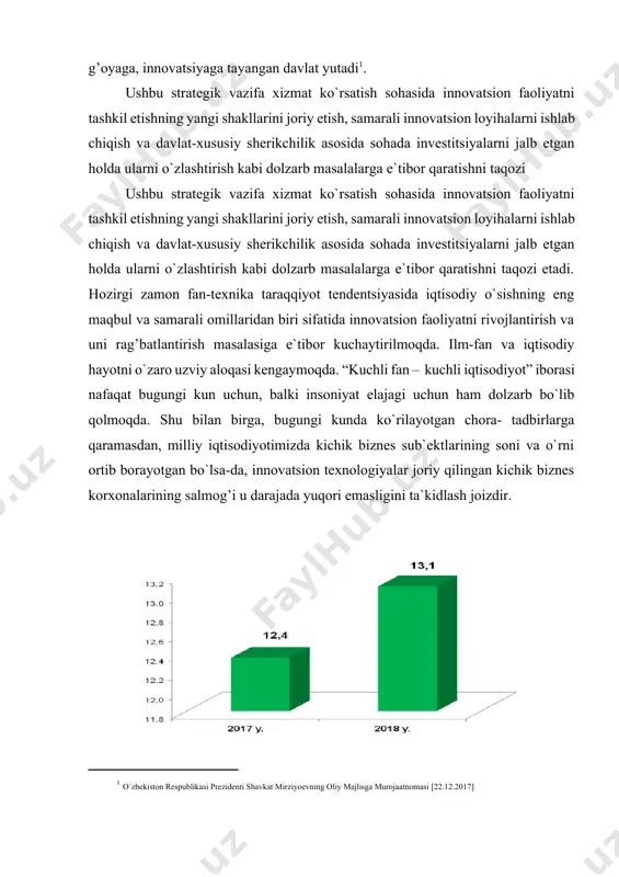 oliga, birlikda) 13,1 birlikka etdi va bu ko`rsatkich 2017 yilga nisbatan (12,4 birlik) 1,3 birlikka ko`payganligini ko`rish mumkin. bundan tashqari, 2018 yilning yanvar’-sentyabr holatida kichik biznes sub`ektlarining iqtisodiy tarmoqlardagi holati tahliliga e`tiborni qaratsak, jami kichik biznes sub`ektlari 257127 birlikdan 87,0 foizi savdo sohasida, 34,2 foizi sanoatda, 68,8 foizi qurilishda, eksportda 28,2 % , importda 57,4 %, xizmatlar ko`rsatish sohasida 55,4 % ulushini ko`rish mumkin. shu soha bo`yicha 2016 yil, 2017 yil va 2018 yillarning tahliliy holati natijalariga e`tiborni qaratsak keyingi yillarda mamlakatimiz iqtisodiyotida kichik biznes sub`ektlari sonining oshishi yurtimizda shu sohani rivojlantirilishiga yaratilayotgan imkoniyatlardan darak berishini ko`rish mumkin. xalqaro standarlarga muvofiq innovatsiya bozorga tatbiq etilgan yangi yoki takomillashtirilgan mahsulot yoki amaliy faoliyatda foydalanilayotgan ilg’or texnologik jarayon yoki insonlar turmush sharoitini yaxshilash, yangicha yondashish ko`rinishida ro`yobga chiqqan innovatsion faoliyatning yakuniy natijasi sifatida belgilanadi. innovatsion rivojlanish haqida fikr yuritar ekanmiz, uni belgilovchi ko`rsatkichlar haqida bilish muhim ahamiyatga ega (jadval). 3-jadval 2017-2020 yillarda …