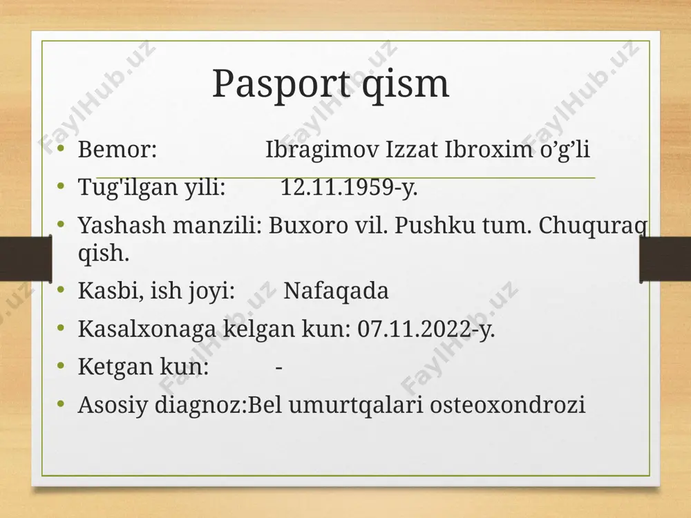 tdagi rangda nam, tili toza va nam, ko'rinadigan shilliq qavatlari och pushti rangda toza, periferik limfa tugunlari kattalashmagan. suyak-bo'g'im sistemasi deformatsiyasiz. gavdasi normostenik. o'pkasida vezikulyar nafas, nos-17ta/min. yurak tonlari bo'g'iq, puls-78ta/min, ritmik a/b- 120/80mm.sim.ust. qorni yumshoq, og'riqsiz, jigar va taloq paypaslanmaydi. ich kelishi va diurez regulyar. nafas olish sistemasi nafas olish burni orqali ravon, nafas harakatlari ko'krak tipida, ko'krak qafasi simmetrik, silindrik. gavdasi normostenik. ko'krak qafasi palpatsiyada ovoz dirillashi va ko'krak qafasi rigidligi normada, perkussiyada aniq o'pka tovushi, o'pka chegaralari normada auskultatsiyada vezikulyar nafas nafas olish soni-17 ta/min. o'pka chegaralari o'ng chap lin. clavicularis 6 - lin. axillaris anterior 7 7 lin. axillaris media 8 8 lin. axillaris posterior 9 9 lin. scapularis 10 10 lin. paravertebralis 11 11 yurak-qon tomir sistemasi shikoyati yo'q. yurak chegaralari normada, yuqori chegarasi chapdan to'sh qirrasi bo'ylab 3qovurg'aga, chap lin. clavicularis sinistradan 1sm tashqarida, o'ng chegarasi to'sh qirrasidan 1sm ichkarida. perkussiyada yurak maydoni sohasida …