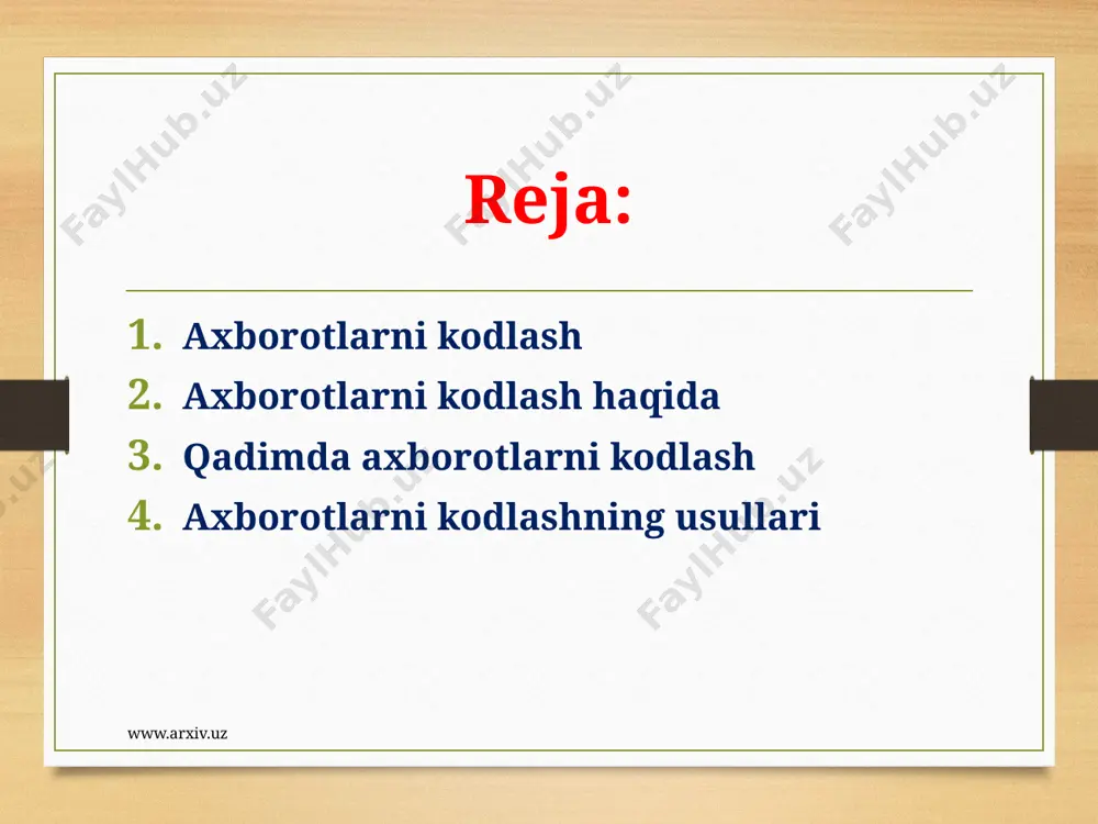 parat, videokamerani, raqamli qurilmalarga shaxsiy kompyuter, raqamli telefon, raqamli fotoapparat, raqamli videokamerani misol qilish mumkin. www.arxiv.uz axborotlar ustida amallar bajarish qulay bo'lishi uchun aniq bir qoidalar asosida boshqa ko'rinishga o'tkazish jarayoni axborotni kodlash deyiladi. axborotlarni kodlash insoniyat tomonidan faqat amallar bajarish qulay bo'lishi uchun emas, balki axborotni maxfiy saqlash uchun ham qo'llanilgan. kodlashning bu ko'rinishi shifrlash deb ataladi. www.arxiv.uz qadimda axborotlarni kodlash hayotda axborotni kodlashning ko'pdan-ko'p usullari mavjud. birinchi kodlashni qo'llagan inson qadimgi gretsiya sarkardasi lisandro hisoblanadi. u axborotni maxfiy saqlash, ya'ni kodlash uchun ma'lum bir qalinlikdagi "ssital" tayoqchasini o'ylab topgan. kodlashning bu usuli o'rin almashtirish usuli deb ataladi. www.arxiv.uz qadimgi rim imperatori yuliy sezar ham axborotni maxfiyligini saqlash uchun matnni kodlash usulini o'ylab topgan. "sezar shifri"da matndagi harf alifboda o'zidan keyin kelgan uchinchi harfga alimashtiriladi. bunda alifbo doiraviy yozilgan hisoblanadi. bu kodlash usul alifboni surish usuli deyiladi. sezar usulidan foydalanganda belgini istalgancha surish mumkin. www.arxiv.uz axborotlarni kodlashning usullari semyuel …