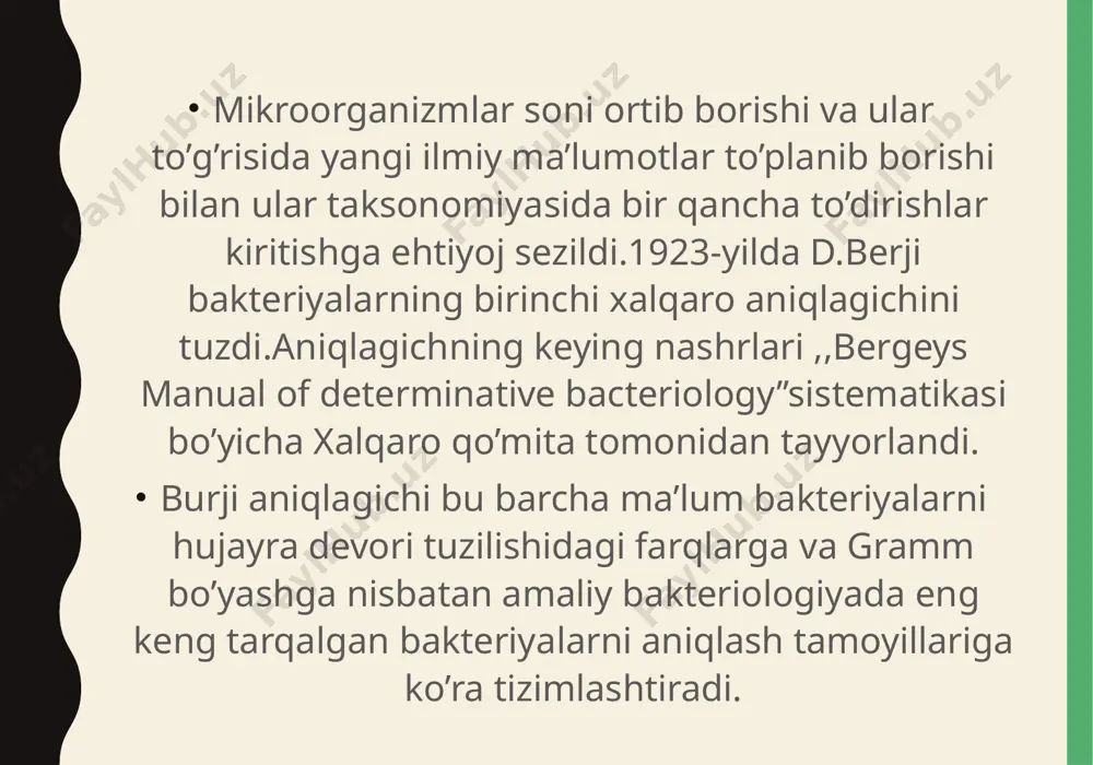 t anaeroblar masalan:hozirgi vaqtda berji aniqlagichi bo'yicha (1994- у.) salmonella urug'iga ikki tur kiritilgan: s.bongori va s.choleraesuis. oxirgisi beshta choleraesuis (1), salamae (2). arizonae (3a). diarizonae (3b), houtenae (4) va indica (5) kenja tur mikroblardan tashkil topgan. ammo ko'pchilik mutaxassislar bu tasnifni oxirgisi deb hisoblamaydilar. foydalanilgan adabiyotlar mikrobiologiya,immunologiya va virusologiya asoslari’’ i.m.muhammedov. wikipedia.uz sayti internet saytlari. etiboringiz uchun rahmat image1.jpeg image2.jpeg image3.jpeg image4.jpg image5.jpg /docprops/thumbnail.jpeg