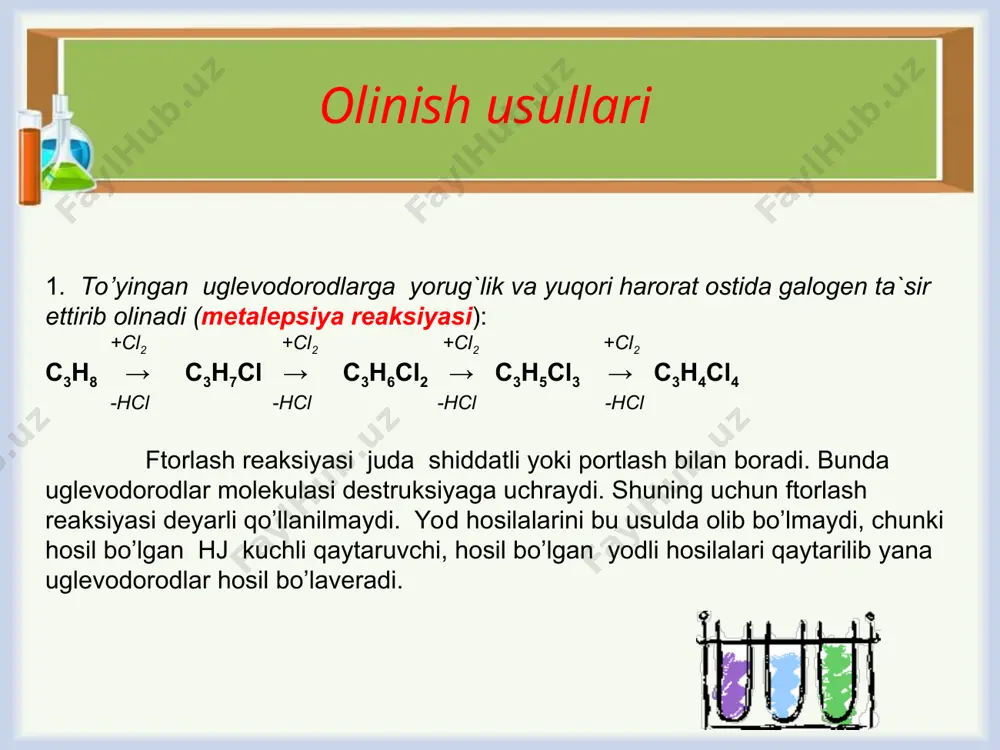 konsentrasiyasiga bog`liq bo’lib, oh-ionlarning konsentrasiyasiga bog`liq emas. v = k[rx] sn1 masalan: ch3 ch3 │ │ ch3 - c – br + naoh → ch3 - c – oh + nabr │ │ ch3 ch3 2-brom-2-metilpropan 2-metil-2-propanol kimyoviy xossalari. sn2 reaksiya mexanizmi birlamchi galogen hosilalarga xos, sn1- esa uchlamchi galogen hosilalarga. agar galogen atomi to’yinmagan uglerod atomi bilan yoki benzol yadrosidagi uglerod atomi bilan bog`langan bo’lsa (ch2=chcl) yoki (c6h5cl) unda galogen atomining erkin elektronlari va qo’shbog`ning π -elektronlari o’zaro ta`sirlashib galogenning harakatchanligi kamayadi. agar galogen atomi qo’shboqqa α - holatda joylashgan uglerod atomi bilan bog`langan bo’lsa masalan: (ch2=ch-ch2cl) allilxloridda yoki (c6h5ch2cl) benzilxloridda, unda uning reaksion qobiliyati oshadi. bu holatda sn1 reaksiyalari katta tezlik bilan boradi, bunday hodisani c - h bog`ining oson dissosilanishi bilan va hosil bo’ladigan kationning qo`shimcha turg`unligi bilan tushuntirish mumkin. ch2 = ch - ch2+ foydalanilgan manbalar: шаблон презентации: http://pedsovet.su/load/321-1-0-13888 http://www.drive2.ru/users/kaida/blog/4062246863888327761/ о. с. габриелян, и. г. остроумов. …