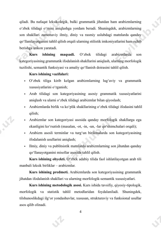 ko‘rsatish (masalan, -ot, -in, -un, -lar qo‘shimchalari orqali); · arabizm asosli terminlar va turg‘un birikmalarda son kategoriyasining ifodalanish usullarini aniqlash; · ilmiy, diniy va publitsistik matnlarda arabizmlarning son jihatdan qanday qo‘llanayotganini misollar asosida tahlil qilish. kurs ishining obyekti. o‘zbek adabiy tilida faol ishlatilayotgan arab tili manbali leksik birliklar – arabizmlar. kurs ishining predmeti. arabizmlarda son kategoriyasining grammatik jihatdan ifodalanish shakllari va ularning morfologik-semantik xususiyatlari. kurs ishining metodologik asosi. kurs ishida tavsifiy, qiyosiy-tipologik, morfologik va statistik tahlil metodlaridan foydalaniladi. shuningdek, tilshunoslikdagi ilg‘or yondashuvlar, xususan, strukturaviy va funksional usullar asos qilib olinadi. kurs ishining ilmiy-amaliy ahamiyati. kurs ishi natijalari o‘zbek tilshunosligida arabizmlarning grammatik tizimdagi o‘rnini aniqlash, grammatik kategoriyalarning o‘zlashtirilgan so‘zlarga qanday ta’sir qilganini ochib berishda muhim ilmiy manba bo‘lib xizmat qiladi. bundan tashqari, mazkur mavzu doirasida ishlab chiqilgan tahlillar va natijalar tilshunoslik, tarjimashunoslik, diniy-ta’limiy adabiyotlar tarjimasi, o‘quv-uslubiy qo‘llanmalar yaratishda amaliy asos bo‘la oladi. kurs ishining strukturaviy tuzilishi. kurs ishi kirish 2 bob, …