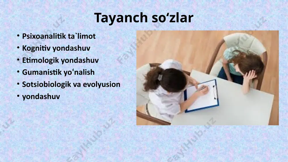 iddiyatlar (masalan, id, ego va super-ego o'rtasidagi kurash) orqali o'ziga xos muammolarni boshdan kechiradi. ximoya mexanizmlari: shaxs og'riqli yoki qo'rqinchli his-tuyg'ulardan himoya qilish uchun ong osti mexanizmlarini ishlatadi (masalan, inkor, repressiya, ratsionalizatsiya va h.k.). freydning psixoanalitik terapiyasi: psixoanalitik davolash jarayoni o'zida uzun muddatli suhbatlar, tushlarning tahlili va erkin assotsiatsiya qilishni o'z ichiga oladi. 2. kognitiv yondashuv kognitiv yondashuv psixologiyaning boshliqlaridan biri bo'lib, u inson fikrlash jarayonlari, qarorlar qabul qilish va xatti-harakatlarni qanday shakllantirishini o'rganadi. ushbu yondashuvga ko'ra, insonning fikrlari, e'tiqodlari va talqinlari uning hissiyotlari va xatti-harakatlariga ta'sir qiladi. asosiy g'oyalar: kognitiv distorsiyalar: boshqacha aytganda, noto'g'ri yoki illoji bo'lmagan fikrlar (masalan, "agar men muvaffaqiyatsiz bo'lsam, demak men butunlay qobiliyatsizman") insonning ruhiy holatini yomonlashtirishi mumkin. o'rgatish va o'rganish: kognitiv yondashuvda kognitiv terapiya, ya'ni fikrlarni qayta tiklash va ijobiy yo'nalishga o'zgartirishga qaratilgan usullar qo'llaniladi. insonning ichki muloqoti: o'z-o'zini gapirish (self-talk) va ichki dialog, psixoterapiyada muhim ahamiyatga ega bo'lib, ular orqali insonning ruhiy holati …