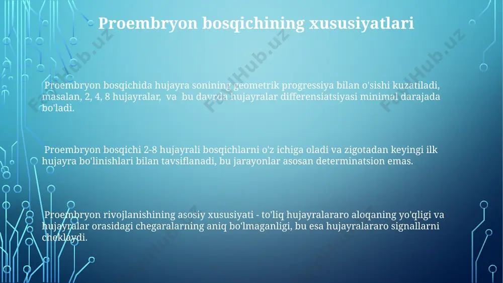 chma-bosqich amalga oshadi. hujayra differensiatsiyasi transkripsiya omillarining faollashuvi va gen ekspressiyasining nosimmetrik tarqalishi natijasida, hujayra ichidagi 1000 dan ortiq oqsillar faolligining o'zgarishi bilan sodir bo'ladi. to'qimalarning differensiatsiyasi jarayonida 3 ta asosiy me'yoriy germ qatlami – ektoderma, mezoderma va endodermadan 200 dan ortiq turli xil hujayra turlari hosil bo'ladi. gastrulyasiya jarayoni gastrulyasiya jarayoni 3ta asosiy qatlam – ektoderma, mezoderma va endodermani hosil qiladi, bu esa keyinchalik organizmning barcha to'qimalari va a’zolarining rivojlanishiga asos bo'ladi. gastrulyasiya jarayonining buzilishi embrionning rivojlanish nuqsonlariga, masalan, neyral naycha defekti yoki gastrosxizga olib kelishi mumkin, taxminan 1000 tug'ilishdan 2-3 tasida uchraydi. gastrulyasiya davrida hujayralarning faol harakati va differensiatsiyasi natijasida blastuladan gastrula hosil bo'ladi, bu jarayon 3-4 hafta davom etadi. neyrulyasiya jarayoni neyrulyasiya jarayoni 3 ta germinal qatlamning – ektoderma, mezoderma va endodermaning hosil boʻlishidan keyin, taxminan 3-4 hafta davomida sodir boʻladi va asab naychasining rivojlanishiga olib keladi. neyrulyasiya jarayonida noto'g'ri yopilish nuqsonlari, masalan, spina bifida yoki anensefaliya …
