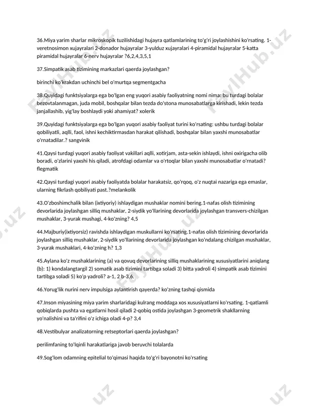 amiyat? xolerik 39.quyidagi funktsiyalarga ega bo'lgan yuqori asabiy faoliyat turini ko'rsating: ushbu turdagi bolalar qobiliyatli, aqlli, faol, ishni kechiktirmasdan harakat qilishadi, boshqalar bilan yaxshi munosabatlar o'rnatadilar.? sangvinik 41.qaysi turdagi yuqori asabiy faoliyat vakillari aqlli, xotirjam, asta-sekin ishlaydi, ishni oxirigacha olib boradi, o'zlarini yaxshi his qiladi, atrofdagi odamlar va o'rtoqlar bilan yaxshi munosabatlar o'rnatadi? flegmatik 42.qaysi turdagi yuqori asabiy faoliyatda bolalar harakatsiz, qo'rqoq, o'z nuqtai nazariga ega emaslar, ularning fikrlash qobiliyati past.?melankolik 43.o'zboshimchalik bilan (ixtiyoriy) ishlaydigan mushaklar nomini bering.1-nafas olish tizimining devorlarida joylashgan silliq mushaklar, 2-siydik yo'llarining devorlarida joylashgan transvers-chizilgan mushaklar, 3-yurak mushagi, 4-ko'zning? 4,5 44.majburiy(ixtiyorsiz) ravishda ishlaydigan muskullarni ko'rsating.1-nafas olish tizimining devorlarida joylashgan silliq mushaklar, 2-siydik yo'llarining devorlarida joylashgan ko'ndalang chizilgan mushaklar, 3-yurak mushaklari, 4-ko'zning h? 1,3 45.aylana ko'z mushaklarining (a) va qovuq devorlarining silliq mushaklarining xususiyatlarini aniqlang (b): 1) kondalangtargil 2) somatik asab tizimini tartibga soladi 3) bitta yadroli 4) simpatik asab tizimini tartibga soladi 5) ko'p yadroli? a-1, …