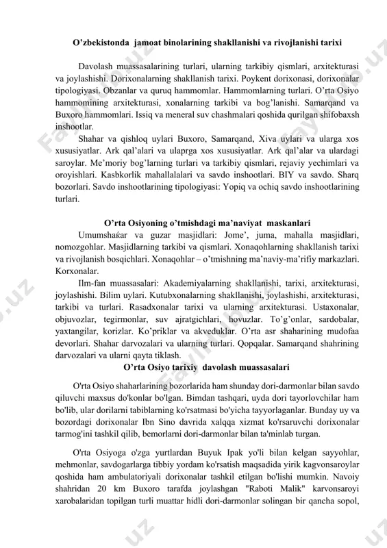 da ham ambulatoriyali dorixonalar tashkil etilgan bo'lishi mumkin. navoiy shahridan 20 km buxoro tarafda joylashgan "raboti malik" karvonsaroyi xarobalaridan topilgan turli muattar hidli dori-darmonlar solingan bir qancha sopol, shisha idishlar, pichoq, qaychi va shunga o'xshash jarrohlik anjomlari fikrimizning dalilidir. . o’rta osiyoning o’rta asrlardagi ta’lim-tarbiya muassalari. "maktab" deb ataluvchi ta’lim shakli dastlab vii-viii asrlarda arab mamlakatlarida paydo bo'lgan. dastlab maktablar masjidlar qoshida shakllangan. viii-ix asrlarda ular o'rta osiyoda ham keng tarqalgan. maktablar bolalarga boshlang'ich ta'lim berishga asoslanib, ularda yoshlar asosan o'qish va yozishni, husnixatni o'rganganlar. o’qish va yozishni bilgan yoshlar qur'onni, nomozni va turkiy tildagi be'riy asarlarni yod olganlar. maktablarda ta'iimning asosiy shakli bo'lib, bolalar odatda 5-7 yoshdan o'qiy bosh lagan. bolalarning necha yoshgacha maktabda o'qish zarurligi ularning iqtidoriga qarab belgilangan. o’rta osiyoning o’rta asrlar ilmiy muasasalari. "akademiya" qadimgi yunoncha so'z bo'lib. u yunonlarning afsonaviy qahramoni "akademia" nomidan olingan. qadimgi yunon faylasufi va matematigi aflotun (eramizdan oldingi 429-348 yillarda yashagan) …