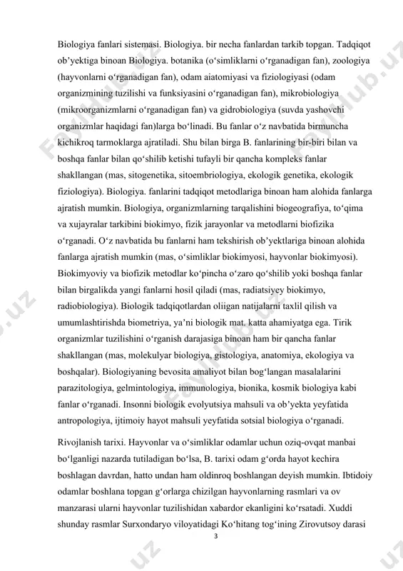 nadi. insonni biologik evolyutsiya mahsuli va obʼyekta yeyfatida antropologiya, ijtimoiy hayot mahsuli yeyfatida sotsial biologiya oʻrganadi. rivojlanish tarixi. hayvonlar va oʻsimliklar odamlar uchun oziq-ovqat manbai boʻlganligi nazarda tutiladigan boʻlsa, b. tarixi odam gʻorda hayot kechira boshlagan davrdan, hatto undan ham oldinroq boshlangan deyish mumkin. ibtidoiy odamlar boshlana topgan gʻorlarga chizilgan hayvonlarning rasmlari va ov manzarasi ularni hayvonlar tuzilishidan xabardor ekanligini koʻrsatadi. xuddi shunday rasmlar surxondaryo viloyatidagi koʻhitang togʻining zirovutsoy darasi gʻorlaridan topilgan. hozirgi zamon b. fanining rivojlanishi oʻrta dengiz boʻyida yashovchi xalqlar (qadimgi misr, yunoniston) sivilizatsiyasi bilan bogʻliq. yunon va rim naturfilosoflari birinchi boʻlib hayotning mohiyati va kelib chiqishini materialistik nuqtai nazardan tushuntirib berishga harakat qilishgan. xususan demokrit atrof muhitdagi narsa va hodisalar doimiy boʻlmasdan oʻzgarib turishi toʻgʻrisidagi materialistik gʻoyani ilgari surgan. arastu birinchi boʻlib hayvonlarni sistemaga solib oʻrganishni taklif etgan. galen xayvonlar (maymun va choʻchqa)ning ichki tuzilishi asosida odamning ichki tuzilishini, qon tomirlari va nervlar funksiyasini tasvirlab bergan birinchi …