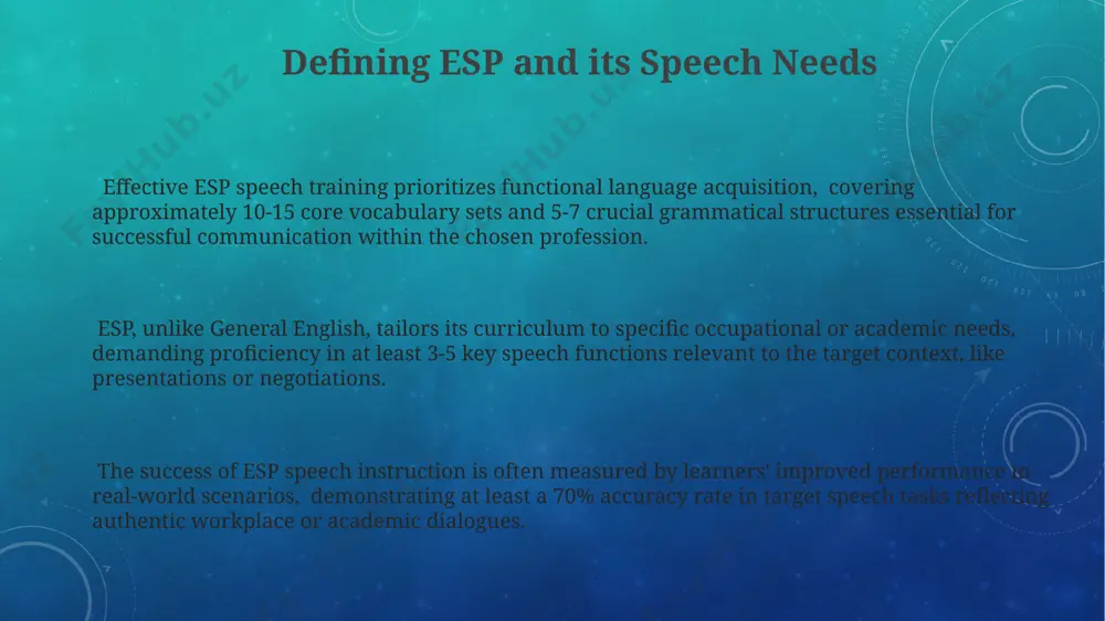 pronunciation (0-5), and vocabulary (0-5) for each student's speech performance, generating a quantitative measure of esp speech skill development across a 10-week course. analyze pre- and post-intervention scores on standardized english proficiency tests, specifically targeting speaking components, to determine statistically significant improvement (p < 0.05) in oral communication skills relevant to esp contexts. thank you for your attention @taqdimot_robot image3.png