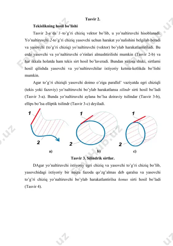 i o’zgartirib yoki o’zgartirmay yo’naltiruvchiga nisbatan doimo perpendikulyar vaziyatda harakatlansa kanal sirti hosil bo’ladi (tasvir 9-s). a) parallel’ko’chirish sirti b) siklik sirt c) kanal sirti tasvir 9 (a, b, c) dagar egri chiziqli yasovchi egri chiziqli yo’naltiruvchilar bo’ylab harakatlanishi davomida muntazam shaklini o’zgartirib harakatlansa, topografik sirt hosil bo’ladi (tasvir 10). bunday sirtlar odatda karkas shaklidi beriladi va quriladi. tasvir 10. topografik sirt jismlar geometriyasi. geometrik nuqtai nazardan jism bo’sh bo’lmagan to’plamdan iborat bo’lishi, agar bu to’plam nuqtali bo’lsa nuqtalar to’plamidan, biron bir oilaga mansub chiziqlardan iborat bo’lsa, chiziqli to’plam bo’lishi kerak. geometriyaning aksiomalaridan ma’lumki agar nuqta to’g’ri chiziqga va to’g’ri chiziq biron bir tekislikka tegishli bo’lsa, nuqta ham o’sha tekislikka tegishli bo’ladi. bundan shu narsani aytish mumkinki, tekislikda ham chiziqli, ham nuqtali to’plamlar mavjud. demak jism bu biron bir tekislikni fazoda harakati davomida hosil qilinadigan tekisliklar majmuasi bo’lishi mumkin ekan. tekislik cheksizlikka yo’naltirilgan chegaralari bilan jismli fazoni hosil qilishi mumkin, …