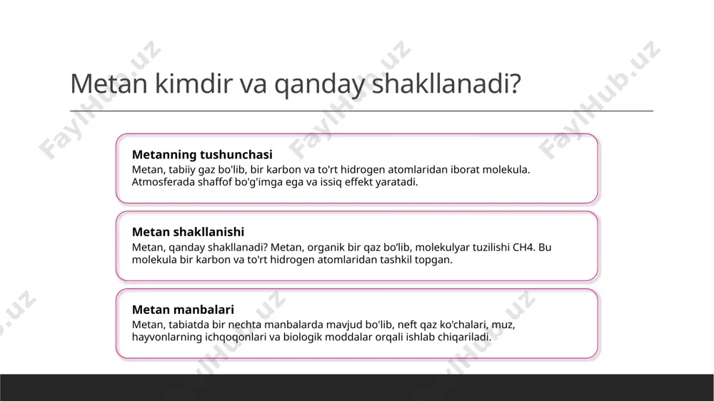 i. 4 qo'llanish sohalarining oqimlari - metan foydalanish sohalarining o'zgarishi, energiya ishlab chiqarish usullaridan hamda iklim o'zgarishlarining kuchayishiga olib keladi. metan molekulyasi va kimyoviy tuzilishi 1 atom tuzilishi metan molekulyasi uchun tuzilishi ch4. ular 1 karbon va 4 gidrogen atomlaridan iborat. bu oksidligini chiqarishda muhim o'rin o'ynaydi. 2 kimyoviy aloqalar metan molekulyasi uchun kimyoviy aloqalar o'rganilgan. bu molekula qanday aloqalar bilan birgalikda ishlaydi? 3 geologik tuzilish metan molekulyasi tabiiy gaz sifatida neft va gaz yataqlarida paydo bo'ladi. bu neft va gazlar qanday shakllanadi? 4 kimyoviy reaktsiyalar metan molekulyasi kimyoviy reaktsiyalarda qanday ishlatiladi? uning reaktsiyalarida qanday o'zgarishlar sodir bo'ladi? metan foydalanish sohasi: energiya ishlab chiqarish metan foydalanish sohasi energiya ishlab chiqarish uchun muhimdir. bu, gazdan energiya olish, isitmada ishlatish va boshqa sohalarda ta'sirlidir. gazning sifati, ekologik oqibatlari va ishlatilishi haqida ko'proq ma'lumot olishingiz mumkin. photo by melissa askew on unsplash metan kimyoviy xossalari va ularning o'zaro aloqalari kimyoviy tuzilishi metan molekulyasi …