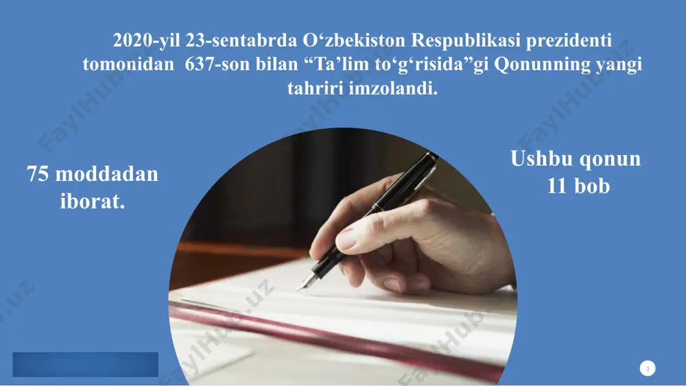to‘g‘risidagi normalarni belgilaydi. ta’lim tuzilmasini va ta’limni amalga oshirish shartlarini maktabgacha ta’lim tashkilotlarida maktabgacha ta’lim va tarbiyaning davlat standarti qo‘llaniladi 34-modda. davlat ta’lim standartlari va davlat ta’lim talablari 9 davlat ta’lim standartining maqsadi - umumiy o‘rta ta’lim tizimini mamlakatda amalga oshirilayotgan ijtimoiy-iqtisodir islohotlar, rivojlangan xorijiy mamlakatlarning ilg‘or tajribalari hamda ilm-fan va zamonaviy axborot-kommunikatsiya texnologiyalariga asoslangan holda tashkil etish, ma’naviy barkamol va intellektual rivojlangan shaxsni tarbiyalashdan iborat. 13 davlat ta’lim standarti qanday tarkibiy qismlardan iborat? . . davlat ta’lim standarti quyidagi tarkibiy qismlardan iborat: umumiy o’rta ta’limning tayanch o’quv rejasi umumiy o‘rta ta’limning o‘quv dasturi umumiy o‘rta ta’limning malaka talablari baholash tizimi (mezonlari) tayanch o‘quv reja - umumiy o‘rta ta’lim muassasalarida o‘qitiladigan o‘quv fanlari nomi, o‘quv yuklamasining minimal hajmi hamda ularning sinflar bo‘yicha taqsimoti belgilangan hujjat hisoblanadi. tayanch o‘quv reja umumiy o‘rta ta’lim muassasalarining dars jadvalini ishlab chiqish uchun asos hisoblanadi. o‘quv rejalari va o‘quv dasturlari tegishli ta’lim bosqichlarining maqsad hamda …