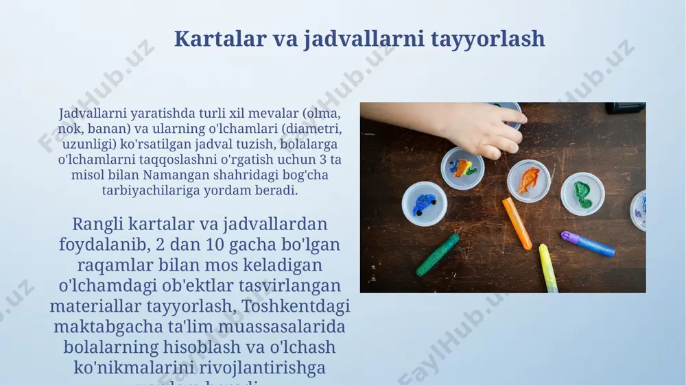 ol o'yinlarni yaratish bolalarga 5 yoshdan 10 yoshgacha bo'lgan yosh guruhlari uchun samarqanddagi tarixiy binolar, masalan, registon maydoni modellari yordamida kattaliklarni solishtirish bo'yicha interfaol o'yinlar yaratish mumkin. o'zbekistonning turli hududlaridan 20 ta turli xil hayvonlarning rasmlari va ularning hajmiga oid ma'lumotlarini o'z ichiga olgan, interfaol o'yinlar yordamida bolalarga kattaliklarni aniqlashni o'rgatish mumkin. turli xil o'lchamdagi predmetlarni taqqoslash samarqanddagi maktabda o'quvchilar 2 litrlik va 5 litrlik idishlardagi suv miqdorini solishtirib, hajm tushunchasini o'rganadilar; bu amaliy mashg'ulotlar ularning tushunchalarini mustahkamlaydi. 5 yoshli bola toshkentdagi o'yinchoq do'konida 10 sm va 25 sm o'lchamdagi ikkita qo'g'irchoqni taqqoslash orqali kattalik farqini tushunishi mumkin; bu taqqoslash vizual qiyoslashga asoslangan bo'lishi kerak. ob'ektlar hajmini o'rganishga oid vazifalar o'zbekistondagi qishloq maktablarida 10 dan ortiq turdagi mevalar (anor, olma, nok) hajmini solishtirish orqali, kattalik tushunchasini rivojlantirish uchun amaliy mashqlarni kiritish mumkin. bolalarga 5 yoshdan 7 yoshgacha bo'lgan davrda geometrik shakllar (kub, shar, silindr) hajmini taqqoslashni o'rgatishda, toshkentdagi maktabgacha ta'lim …