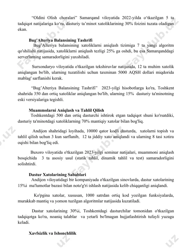 500 soat ish vaqtidan tejashga olib keldi. “oldini olish choralari” samarqand viloyatida 2022-yilda o‘tkazilgan 5 ta tadqiqot natijalariga ko‘ra, dasturiy ta’minot xatoliklarining 30% foizini tuzata oladigan ekan. bug'alteriya balansining tashrifi bug’alteriya balansining xatoliklarni aniqlash tizimiga 7 ta yangi algoritm qo'shilishi natijasida, xatoliklarni aniqlash tezligi 25% ga oshdi, bu esa samarqanddagi serverlarning samaradorligini yaxshiladi. surxondaryo viloyatida o'tkazilgan tekshiruvlar natijasida, 12 ta muhim xatolik aniqlangan bo'lib, ularning tuzatilishi uchun taxminan 5000 aqsh dollari miqdorida mablag' sarflanishi kerak. “bug’alteriya balansining tashrifi” 2023-yilgi hisobotlarga ko'ra, toshkent shahrida 350 dan ortiq xatoliklar aniqlangan bo'lib, ularning 15% dasturiy ta'minotning eski versiyalariga tegishli. muammolarni aniqlash va tahlil qilish toshkentdagi 500 dan ortiq dasturchi ishtirok etgan tadqiqot shuni ko'rsatdiki, dasturiy ta'minotdagi xatoliklarning 70% mantiqiy xatolar bilan bog'liq. andijon shahridagi loyihada, 10000 qator kodli dasturda, xatolarni topish va tahlil qilish uchun 3 kun sarflanib, 12 ta jiddiy xato aniqlandi va ularning 8 tasi xotira oqishi bilan bog'liq edi. buxoro …
