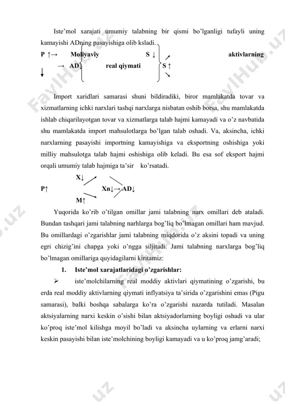 o’zgarishi. masalan, xarbiy xarajatlar va yangi kasalxona va boshqa muassasalar qurishga qaror qilinganda. 4. sof eksport hajmidagi o’zgarishlar. · boshqa mamlakatlar milliy daromadlarining o’zgarishi milliy eksportga bo’lgan talabni oshiradi. misol, jahondagi moliyaviy-iqtisodiy inkiroz natijasida ko’plab rivojlangan mamlaktlardagi axolining real daromadlari tushib ketgan va ularning bizning mamlakatda ishlab chiqarilgan tovarlarga bo’lgan talabi ham kamaygan. hozirgi kunda neft narxining keskin o’sishi neft eksport qiluvchi mamlakatlar milliy daromadlarini oshirib borishiga va natijada bu mamlakatlarda bizning mahsulotlarga talabini oshib borishiga sabab bo’lmoqda. · valyuta kurslaridagi o’zgarishlar, milliy valyuta so’mning kursi pasayishi bilan xorijdan kelayotgan mehmonlar olib kelgan dollari evaziga ko’proq so’mga ega bo’lishadi, ya’ni bizning mahsulotlarimiz xorijliklar uchun nisbatan arzonroq bo’lib qoladi. pulning miqdoriy nazariyasi tenglamasi yuqoridagilardan tashqari umumiy talabning narxlarga bog’liq bo’lmagan yana ikki omilni beradi. bular: pul taklifi (m) va pulning aylanish tezligi (v) dir. narxlar o’zgarmagan holda, pul massasining ko’payishi yoki pulning aylanish tezligining oshishi qisqa muddatda jami talab egri chizig’ini …