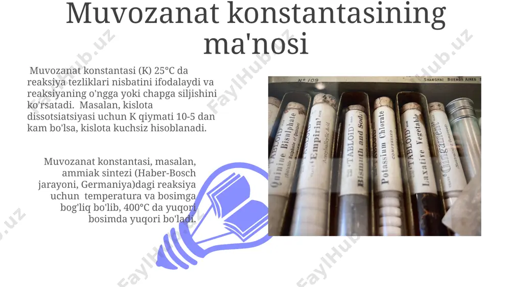 bu esa muvozanatning o'ngga yoki chapga siljishiga olib keladi. bosimning ta'siri muvozanatdagi reaksiya uchun, masalan, azot (n₂) va vodorod (h₂) dan ammiak (nh₃) hosil bo'lish reaksiyasi uchun, bosimni 10 bar dan 20 bar gacha oshirish, muvozanatni mahsulotlar tomon siljitadi, bu esa ammiak hosil bo'lishini ko'paytiradi. 200°c da, 100 kpa bosim ostida, hajmning kamayishi bilan (masalan, pistonli silindrda) gazsimon reaksiyalar muvozanat holatiga ta'sir qiladi, bu holatda muvozanat gaz molekulalari soni kamroq bo'lgan tomonga siljiydi. haroratning ta'siri 25°c da reaksiya tezligi 10 marta ortaysa, 50°c da reaksiya tezligi 100 marta ortadi, bu esa muvozanat holatini o'zgartiradi, masalan, eksotermik reaksiyalar past haroratlarda samaraliroq bo'ladi. haroratning o'zgarishi muvozanat doimiysi (k) ning qiymatini o'zgartiradi. masalan, 200°c da k qiymati 5 ga teng bo'lsa, samarqanddagi tajribalarda 300°c da k ning qiymati 10 ga o'zgarishi mumkin. muvozanatning siljishi le chatelier printsipiga ko'ra, muvozanatning siljishi, agar reaksiya ekzotermik bo'lsa (masalan, -200 kj/mol issiqlik ajralishi bilan boradigan reaksiya), temperatura …